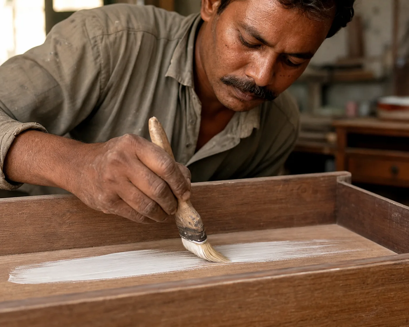 Indian craftsman brushing a thin, even coat of matt-white ground onto a bare wood drawer front along the grain