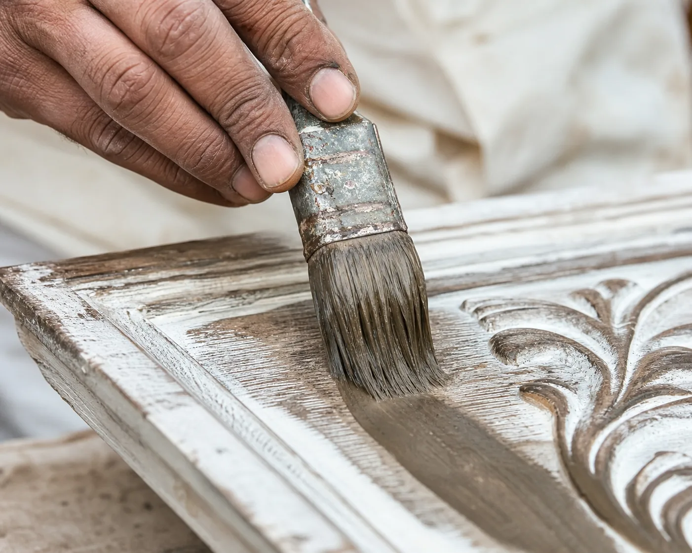 Working soft aged brown-grey pigment colour over a dried white-ground wood surface with a brush