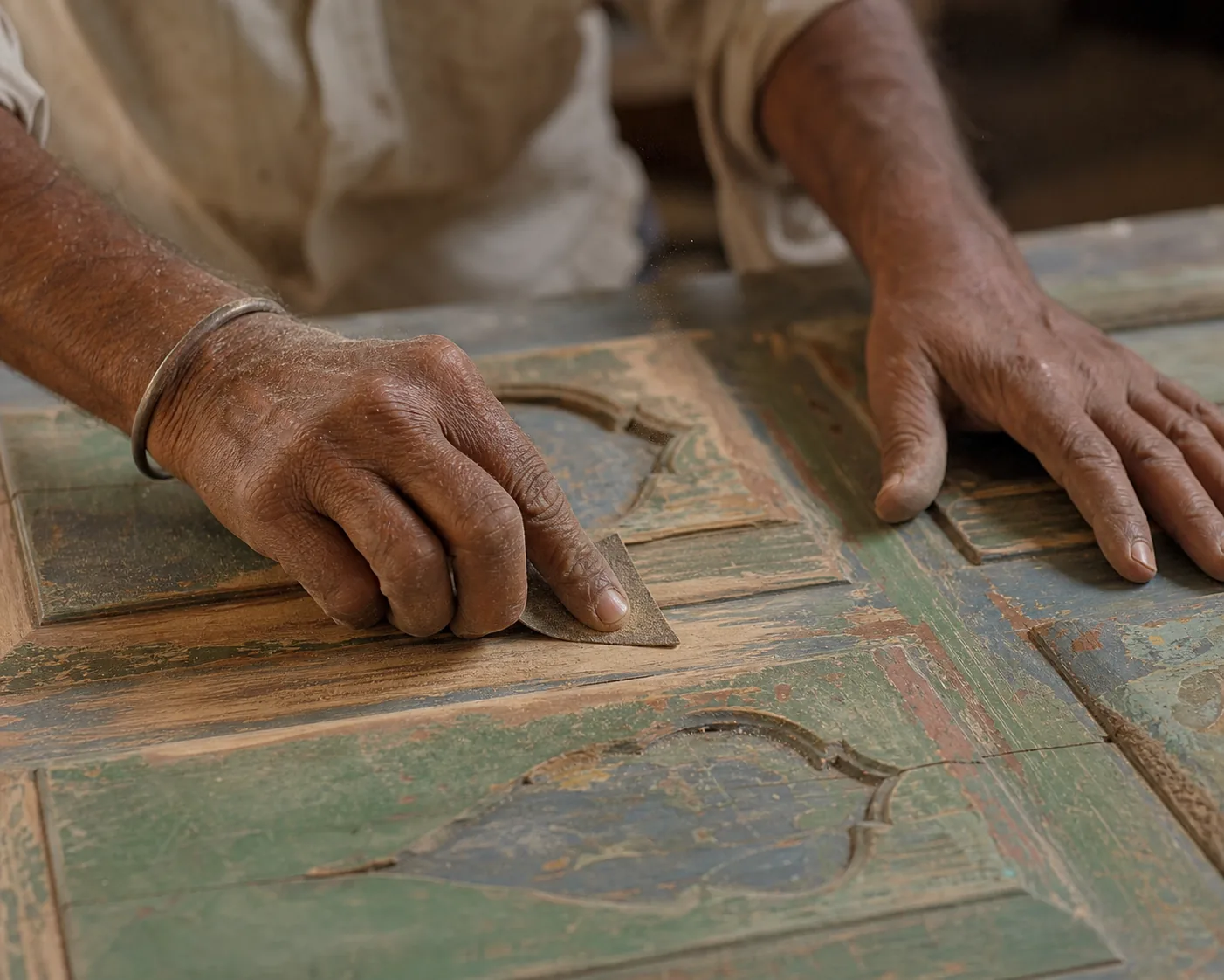 Sanding back a painted, layered vintage wood surface to reveal a worn patina where edges show through