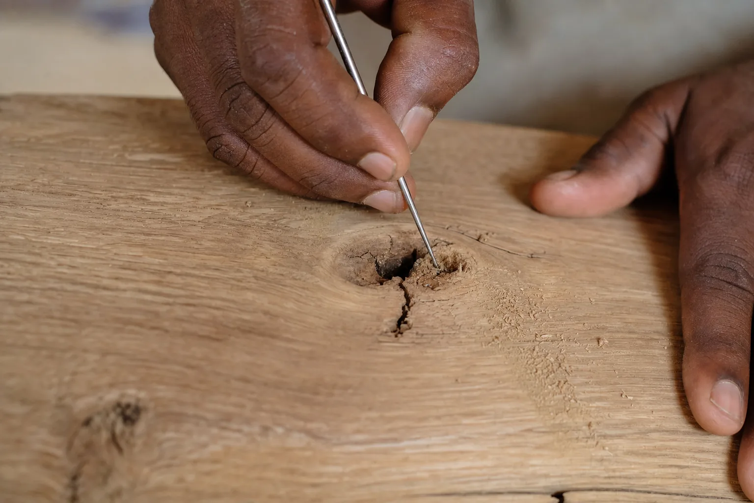 Indian carpenter raking loose fibre out of an open knot-hole and crack in a bare oak tabletop to clean the repair down to sound wood