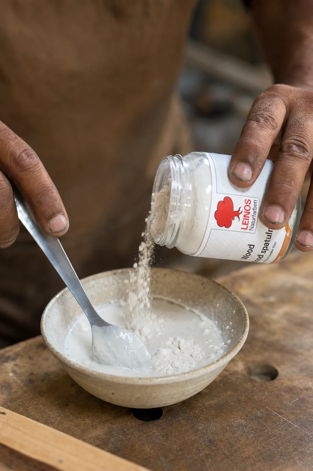 Indian carpenter pouring pale filler powder from the branded LEINOS 337 glass jar into a dish of cold water and stirring to a smooth putty with a spatula