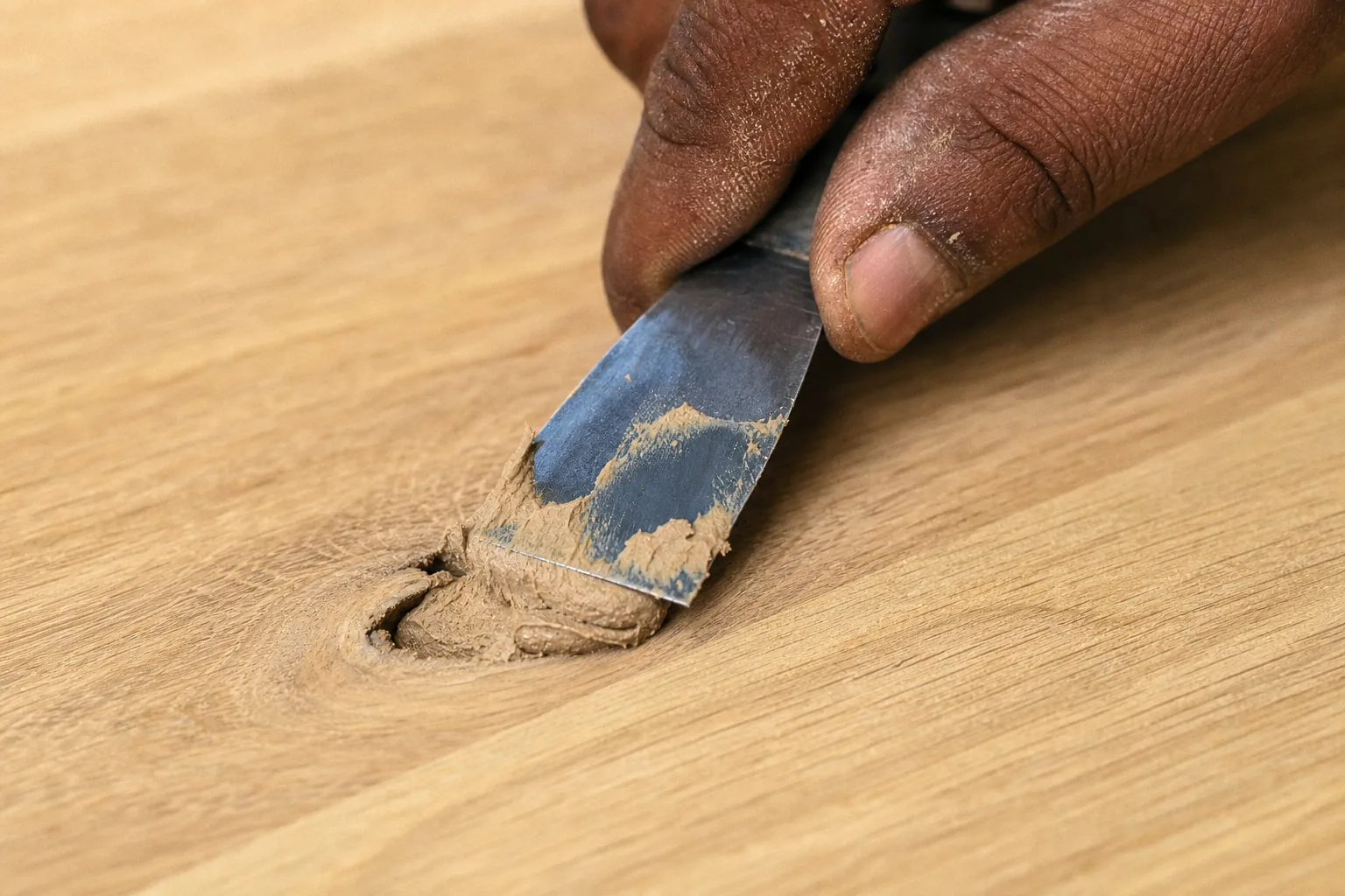 Close-up of an Indian carpenter pressing colour-matched wood filler putty firmly into an open knot in an oak tabletop with a steel spatula