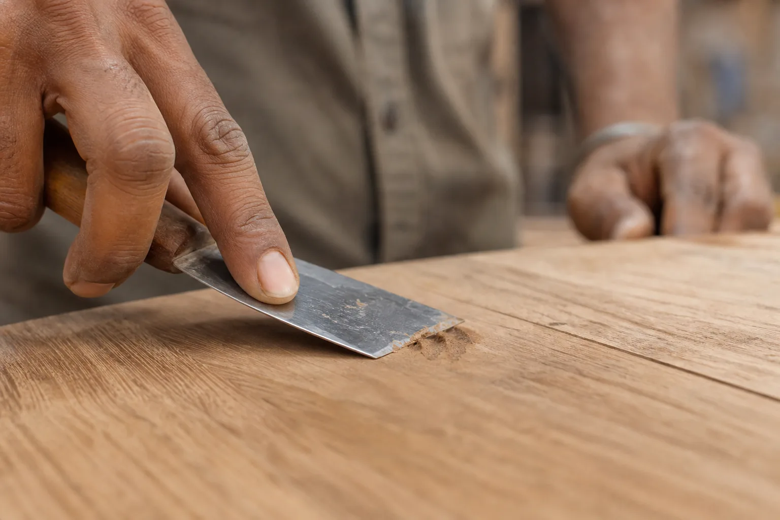 Indian carpenter drawing a steel spatula flat across a freshly filled knot to strike the filler level with the oak surface