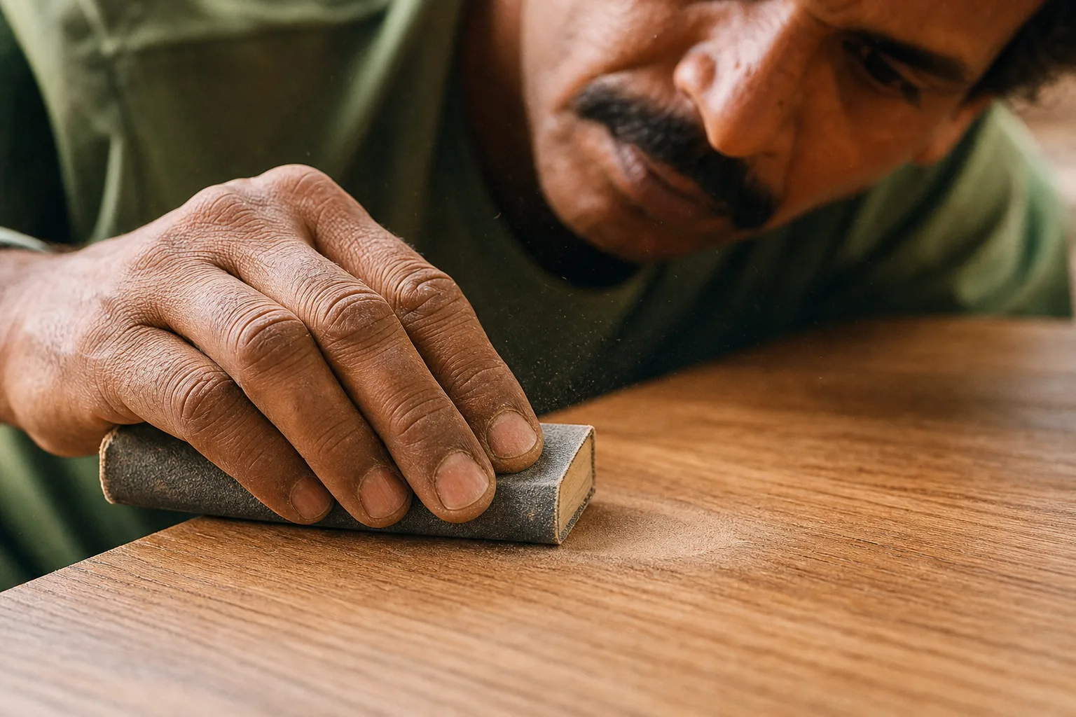 Indian carpenter sanding a filled and cured repair flush on an oak tabletop, feathering the colour-matched patch into the grain