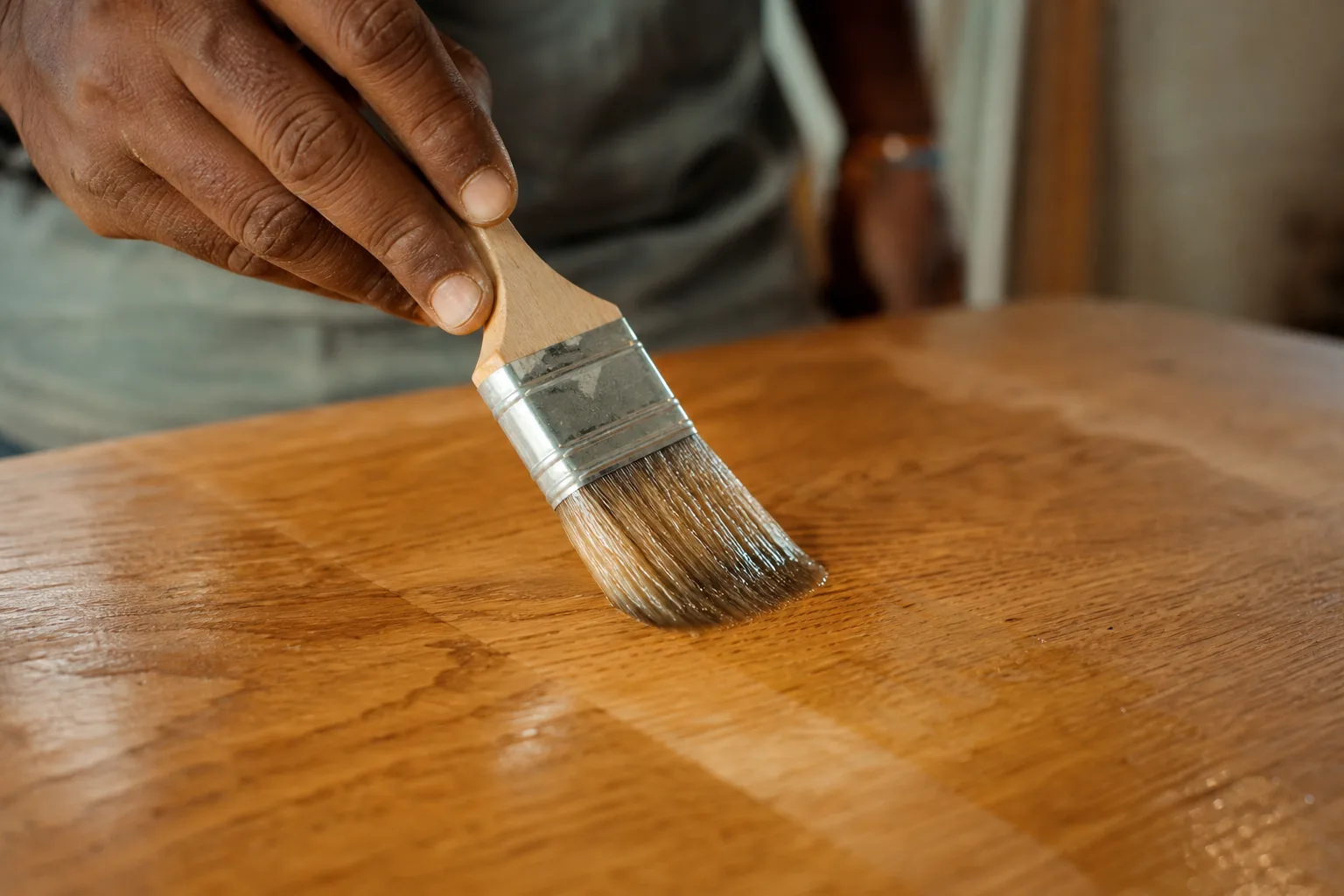 Indian carpenter brushing a clear natural wood oil over a repaired oak tabletop, the filled repair disappearing under the finish