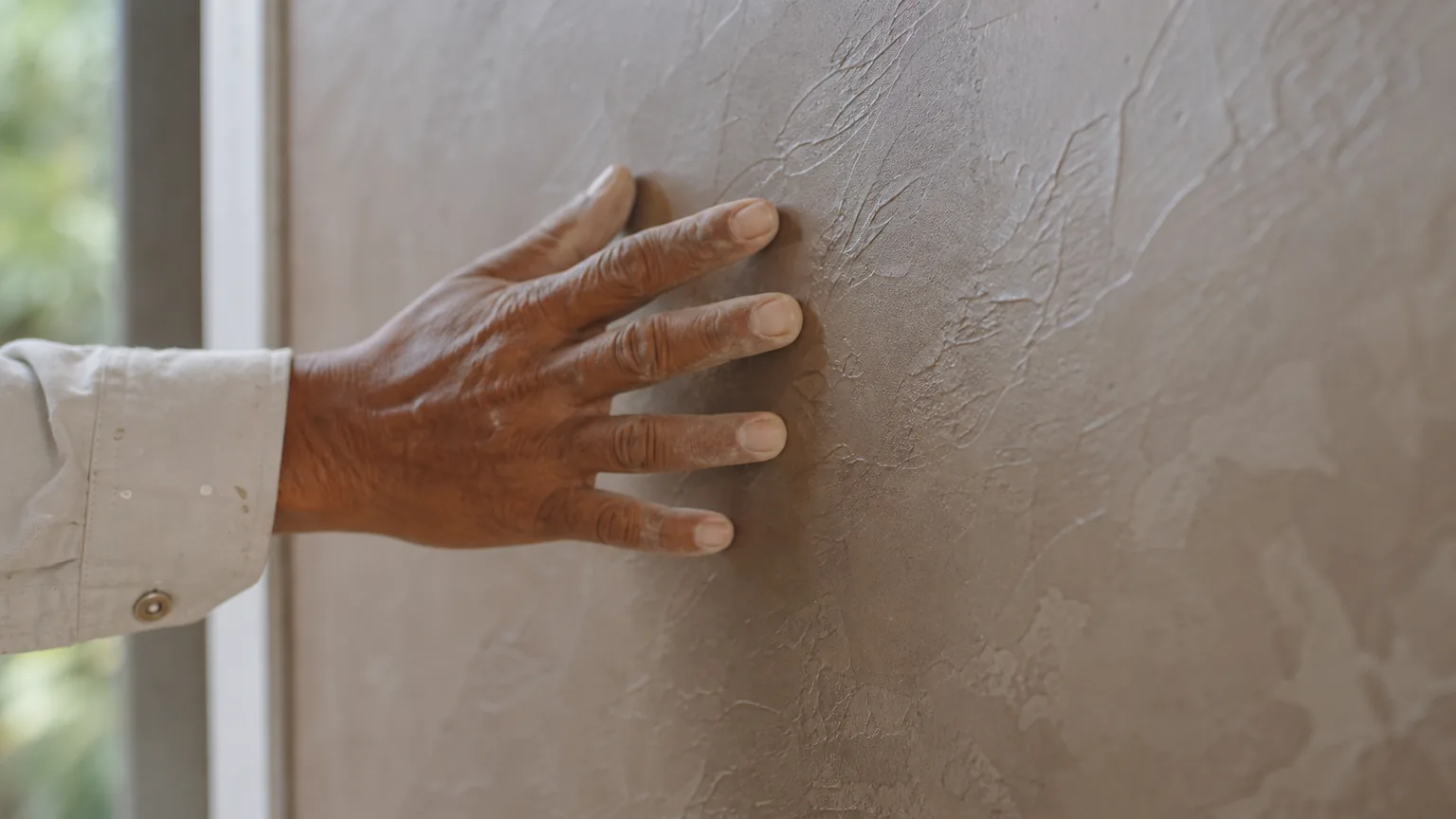 Indian decorator checking that a cured taupe troweled decorative plaster wall is dry before finishing