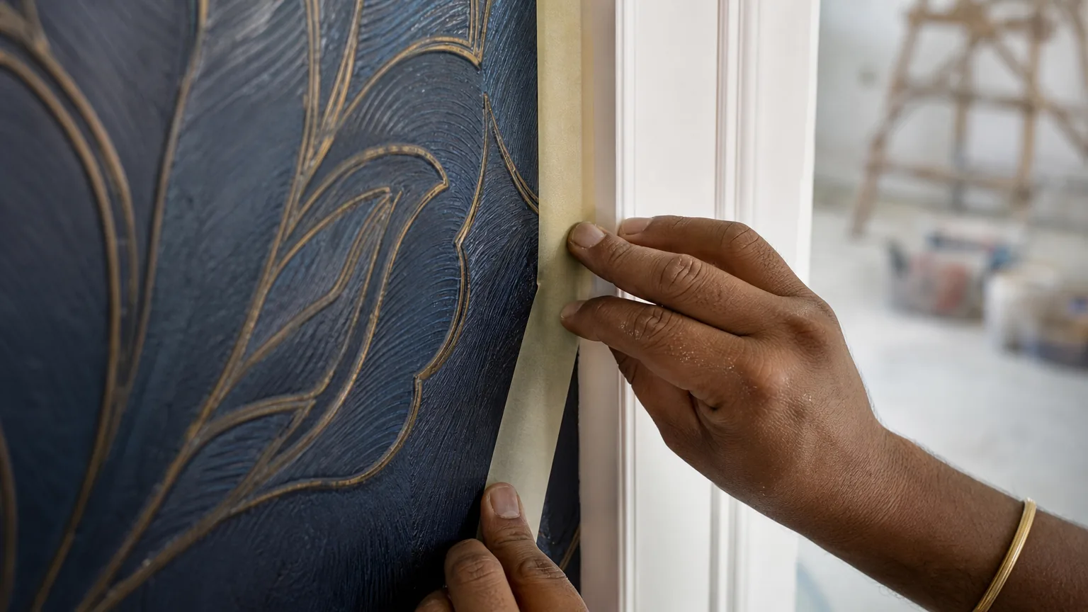 Hand pressing low-tack masking tape along the trim edge of a decorative feature wall