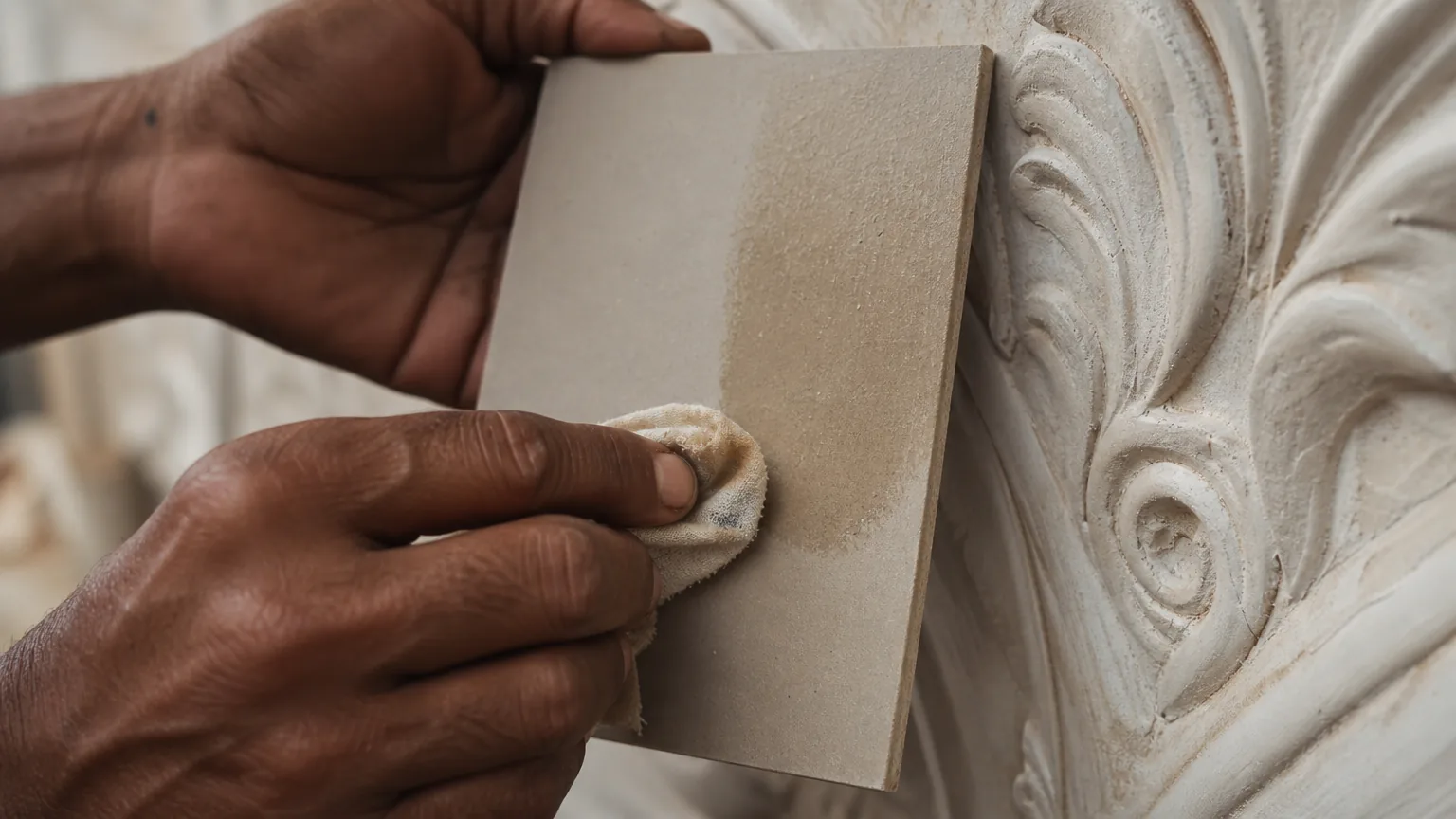 Wiping a clear-wax test patch onto a coated sample board to preview the deepened satin tone