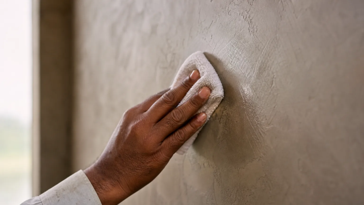 Applying a thin sparing coat of clear wax to a decorative plaster wall with a folded terry cloth