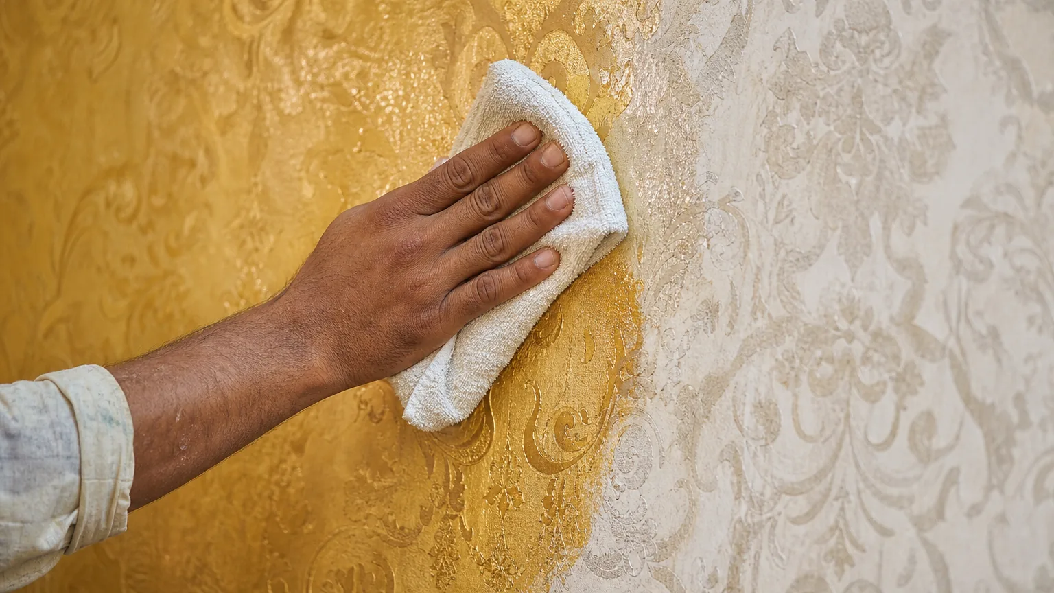 Working a single even coat of clear wax across a damask decorative wall, matt dry transitioning to satin wet-look richness