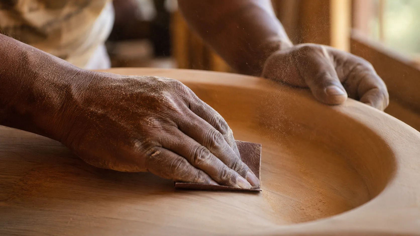Indian craftsman sanding a smooth interior wood panel along the grain with fine sandpaper