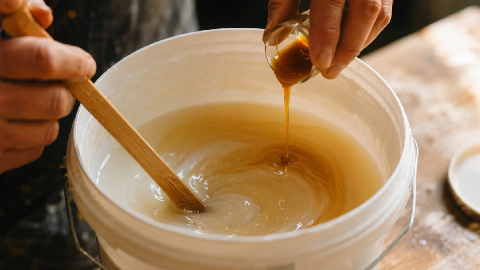 Pouring pigment concentrate into a pail of colourless wax glaze and stirring to a warm tint