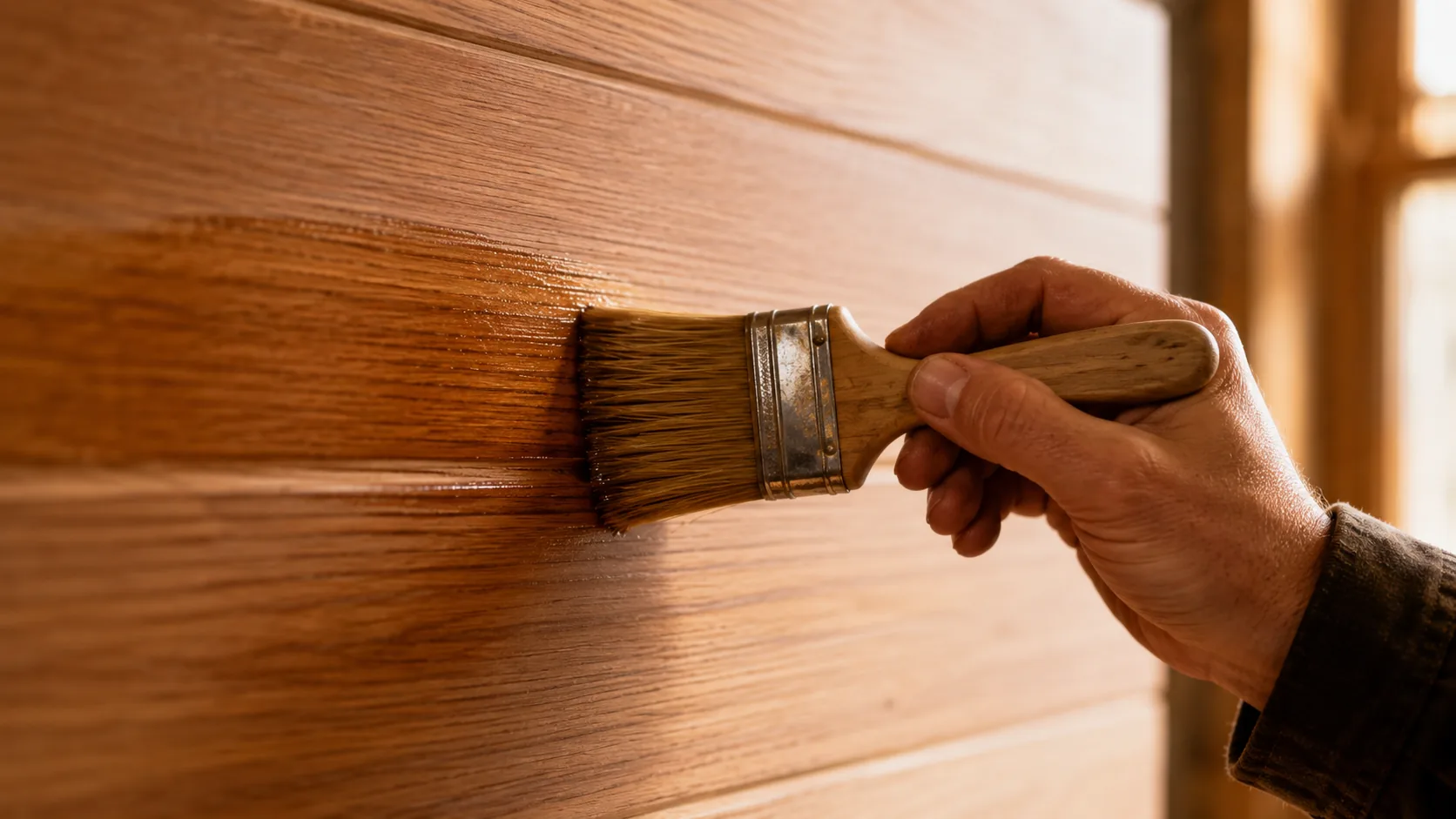 Indian craftsman brushing a thin coat of tinted wax glaze along the grain of a wood panel