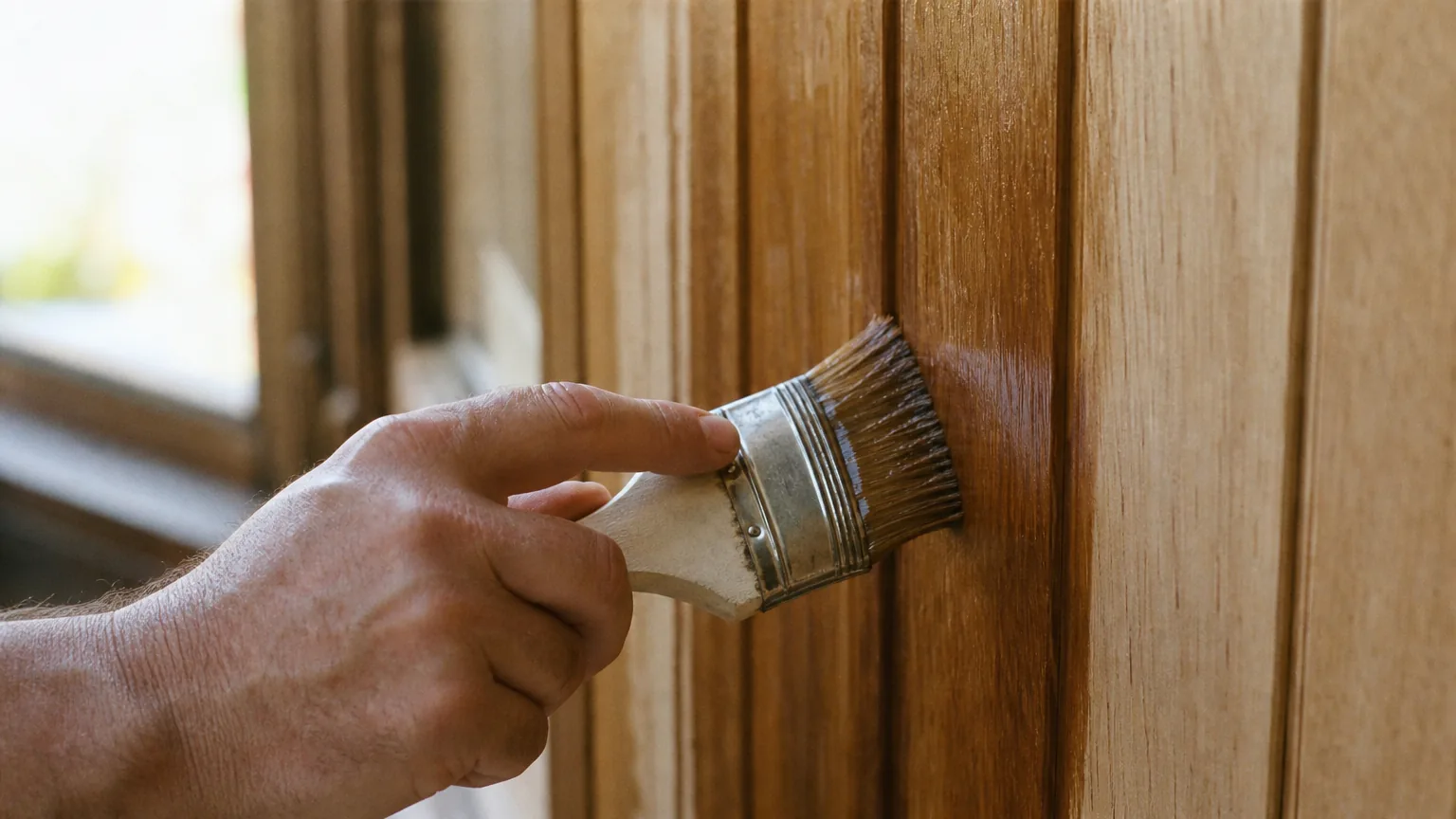 Applying a second thin coat of tinted wax glaze to interior wood wall panelling with a sponge
