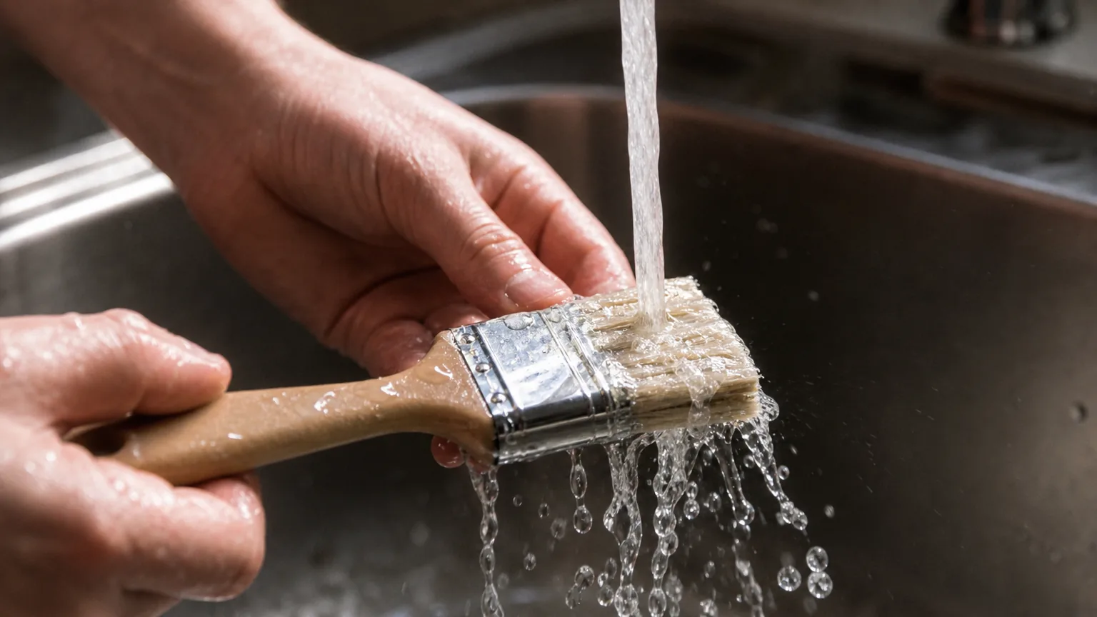 Rinsing a wax-glaze brush under running water beside a bar of natural vegetable soap