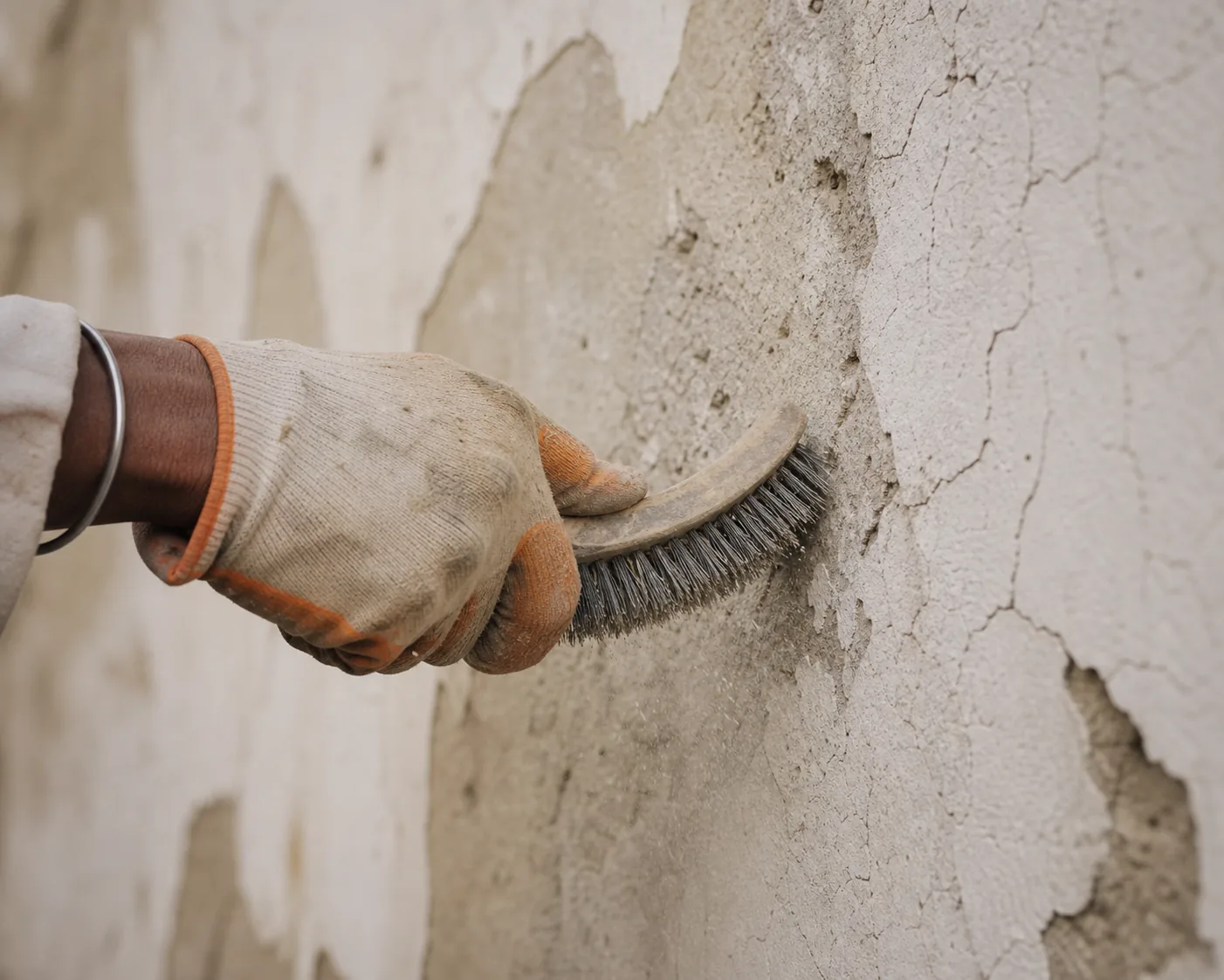 Indian mason wire-brushing and dusting a cracked exterior lime-plaster facade wall to a clean firm surface