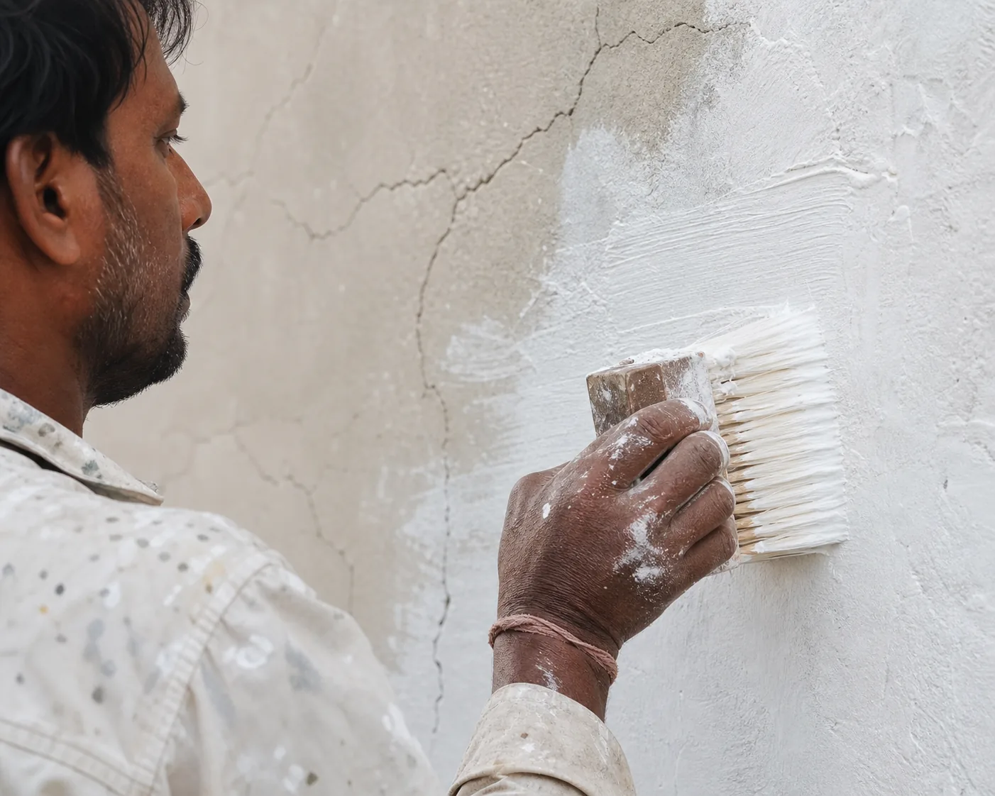 Indian craftsman brushing thick white quartz filler primer full-surface onto a cracked exterior plaster facade with a wide block brush