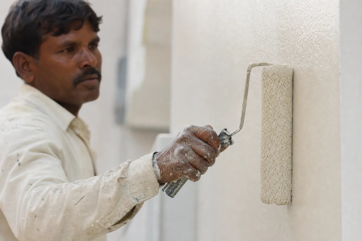 Indian painter rolling a smooth mineral facade topcoat over the primed, levelled off-white facade wall with a long-pile roller