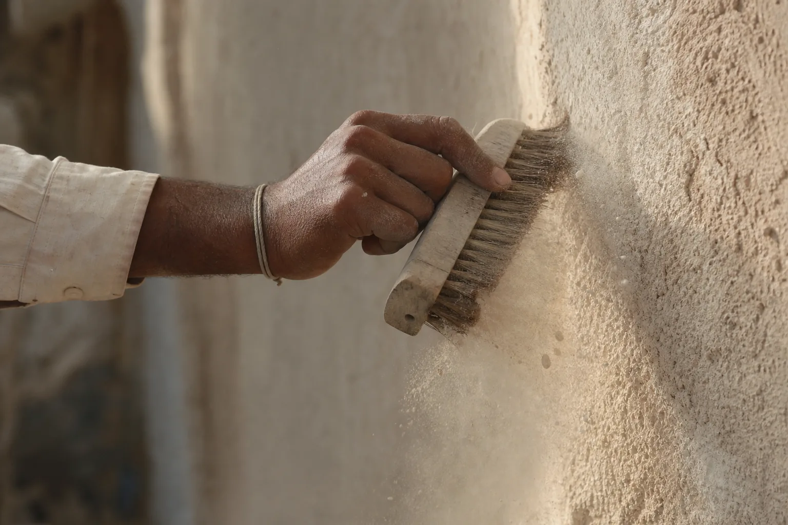 Indian mason wire-brushing and dusting a raw absorbent exterior lime-plaster wall to a clean firm surface before priming