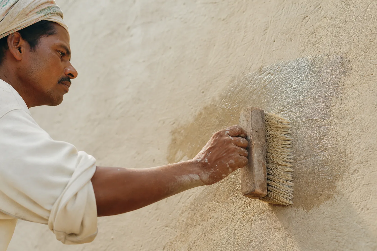 Indian craftsman brushing a clear colourless water-glass primer saturatingly onto a raw absorbent lime-plaster wall, wet sheen soaking in