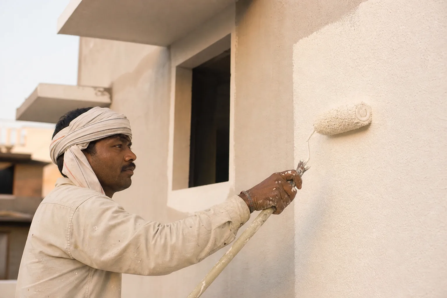 Indian painter rolling a smooth mineral facade topcoat over the consolidated primed off-white plaster wall with a long-pile roller