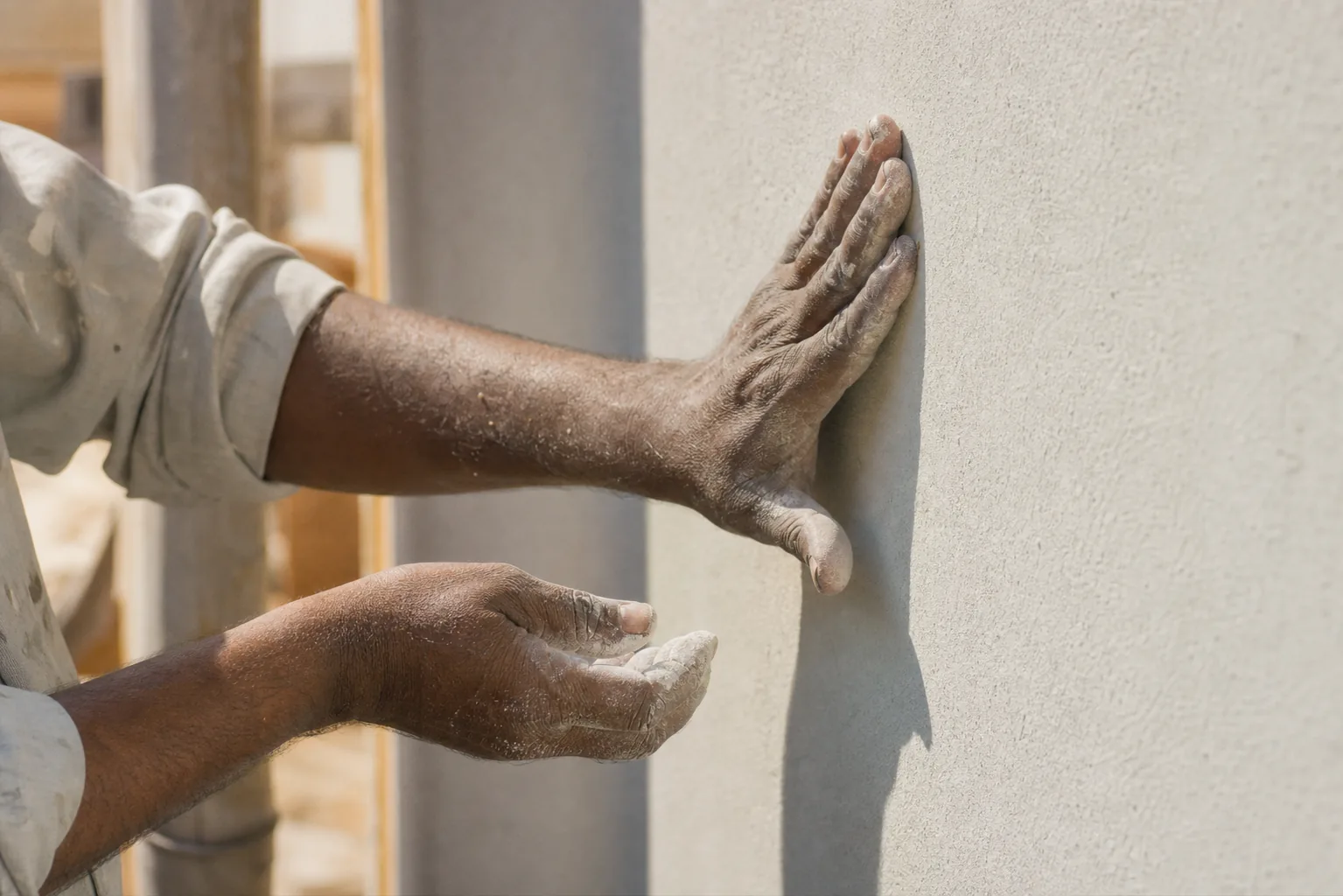 Indian mason inspecting and dusting a prepared, primed exterior mineral-render facade wall to a clean firm surface before painting