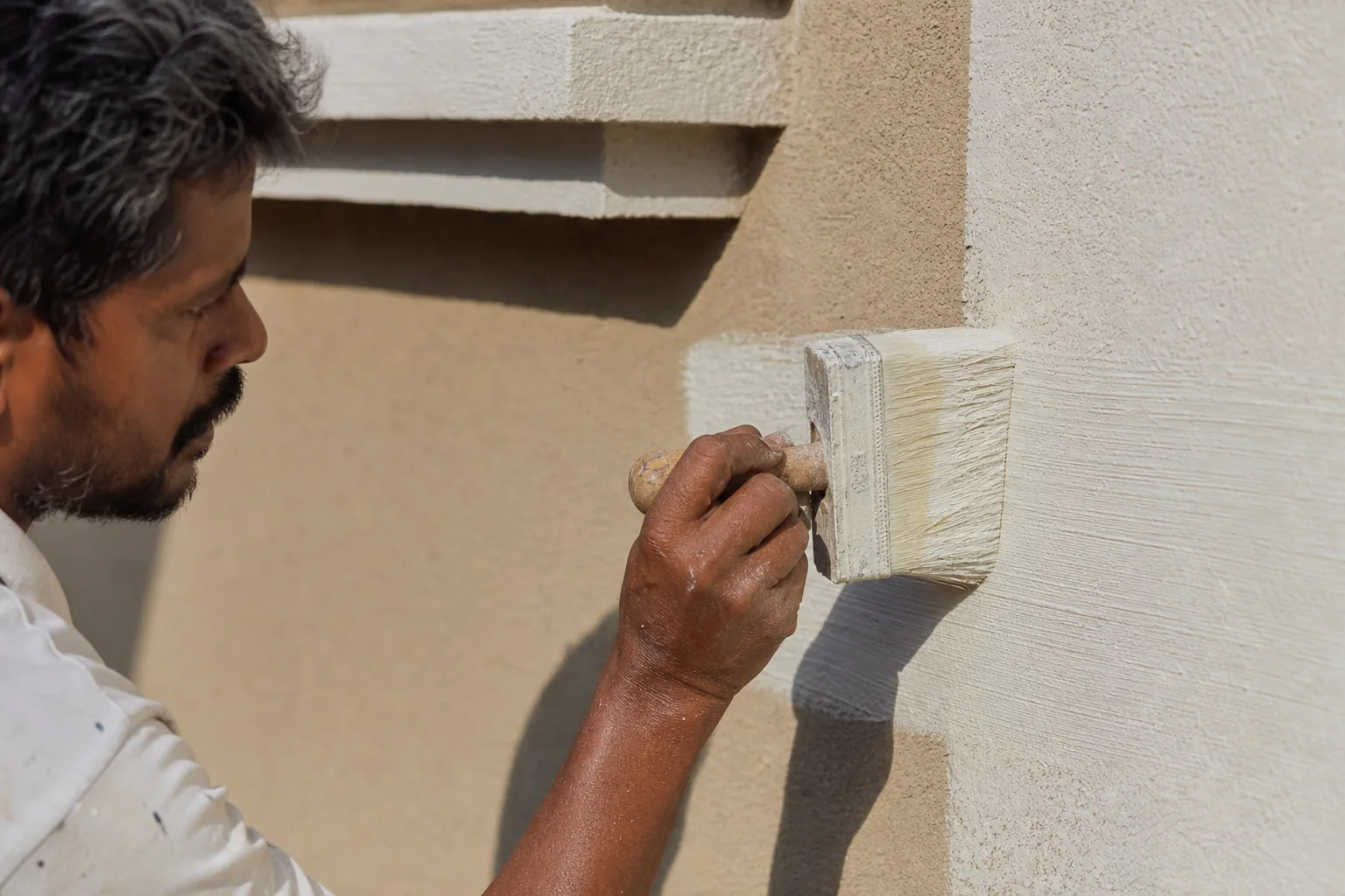Indian craftsman brushing sol-silicate facade paint onto an exterior mineral-render facade in an even cross-pattern with a block brush
