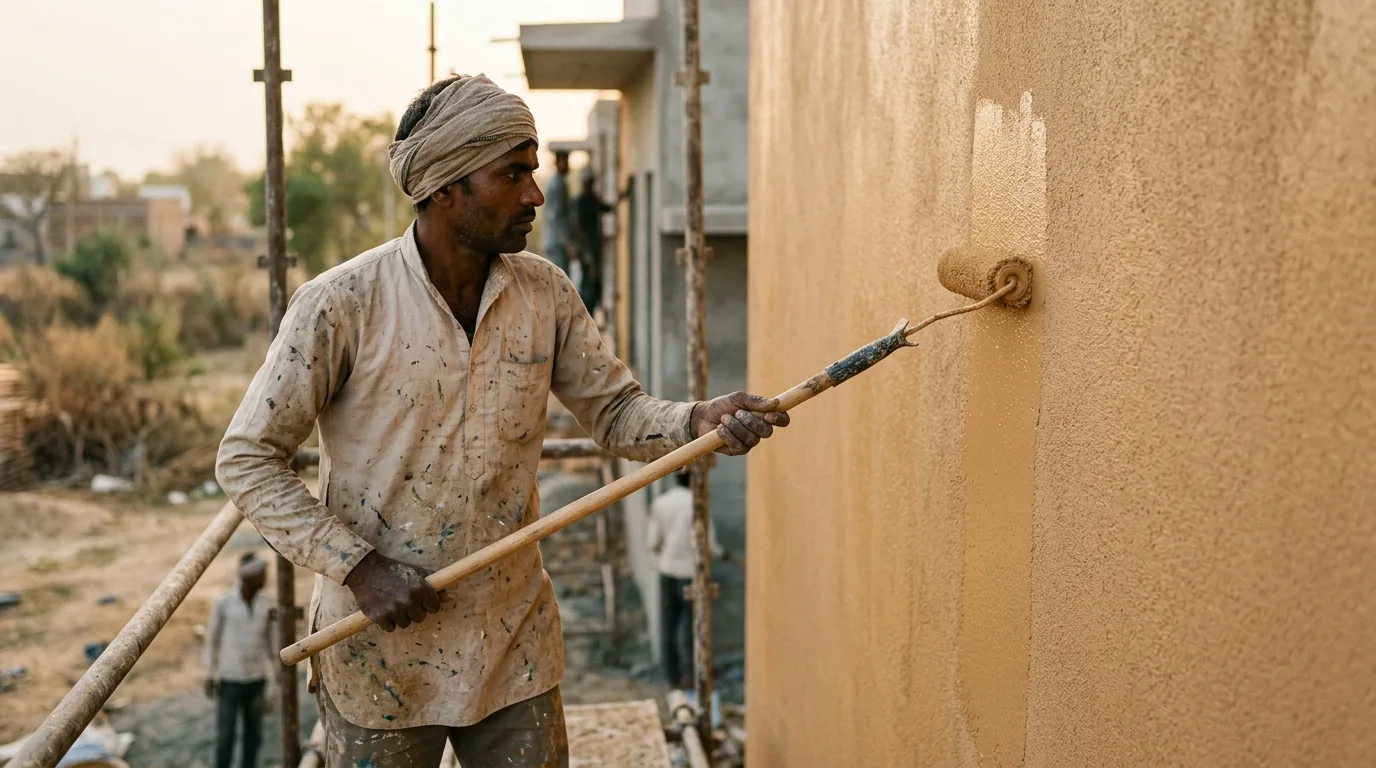 Indian painter rolling a smooth final matte facade coat over a warm sand-toned mineral facade wall with a long-pile roller