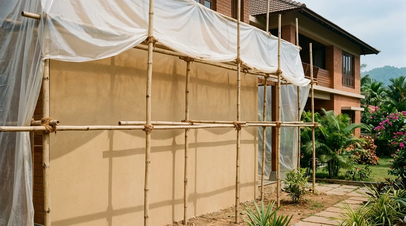 A freshly finished matte warm-sand mineral facade wall curing under scaffolding and protective sheeting, shielded from sun and rain