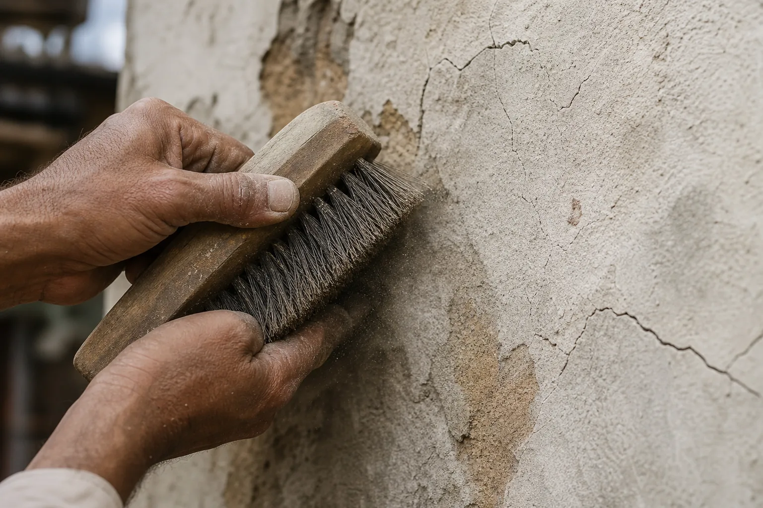 Indian mason wire-brushing and dusting a cracked exterior lime-plaster facade wall to a clean firm surface before priming