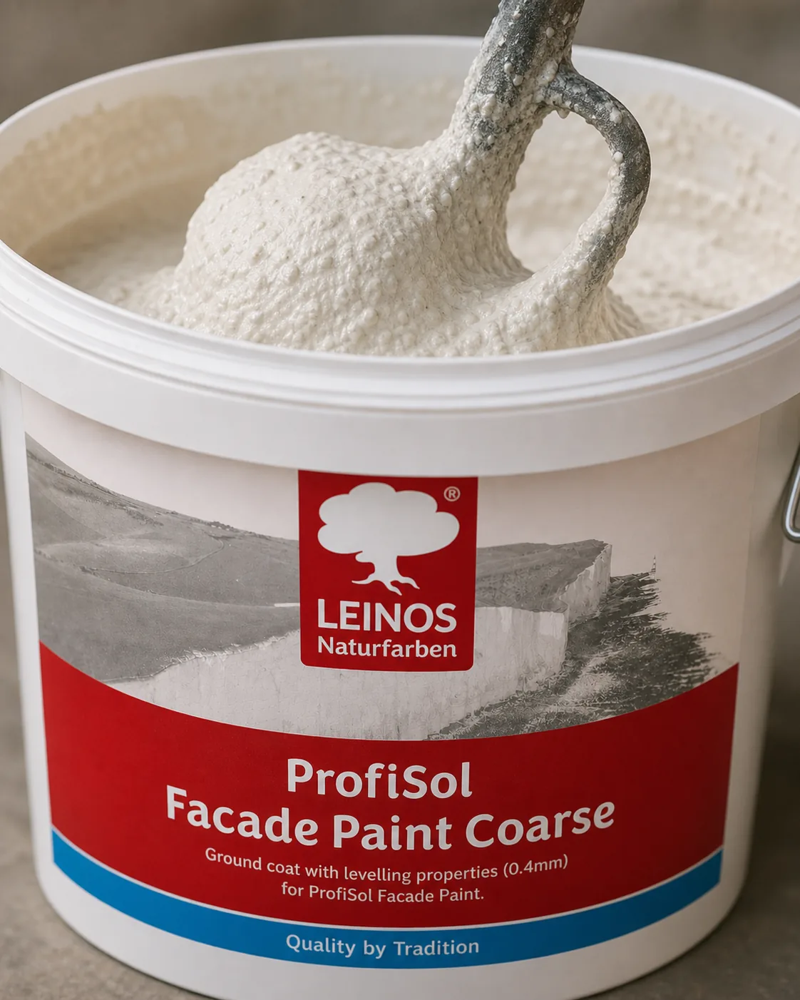 Open branded white LEINOS ProfiSol Facade Paint Coarse bucket with a paddle lifting thick pale grainy mineral ground-coat paste