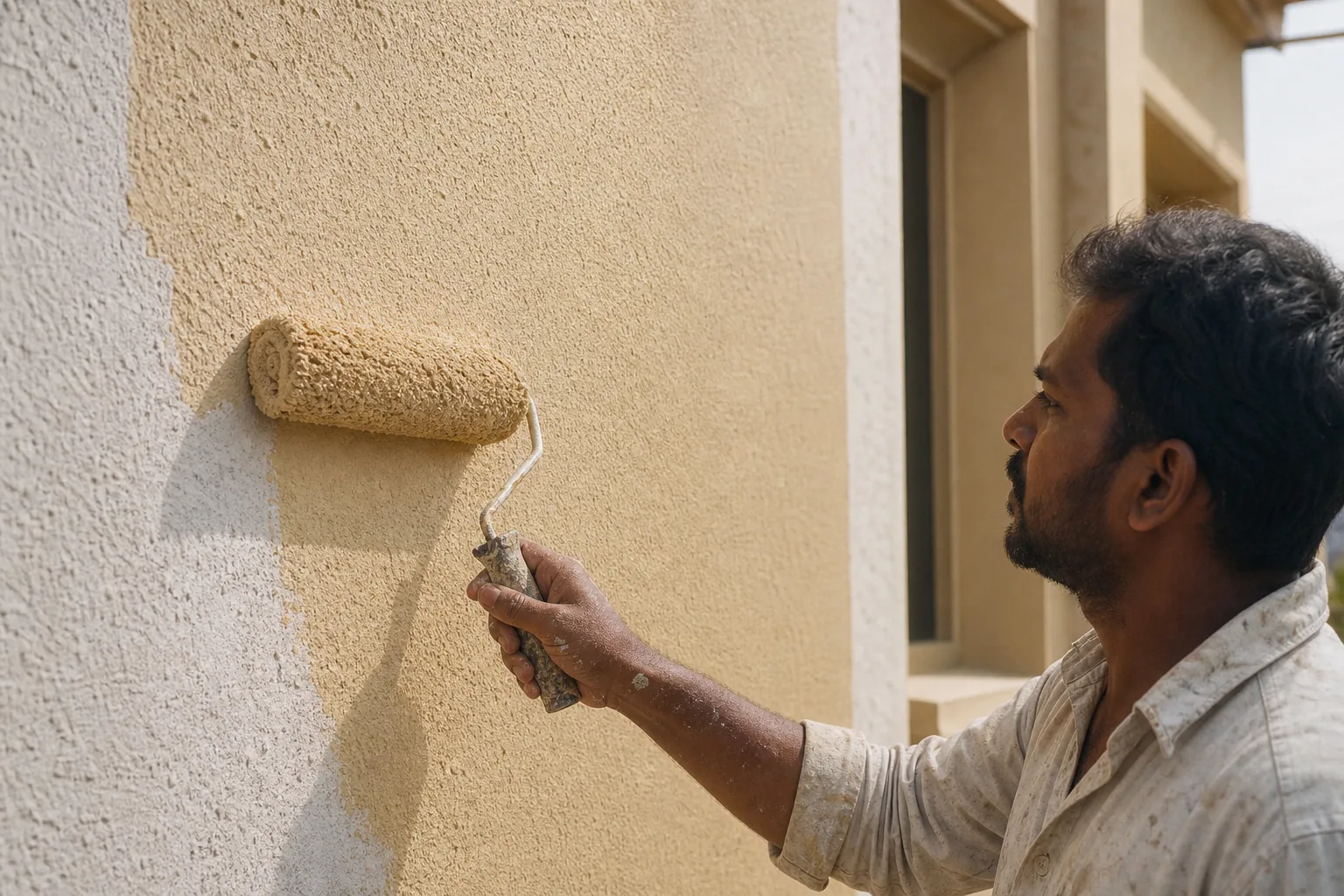 Indian painter rolling a smooth fine matte mineral facade finish over the coarse, primed off-white facade wall with a long-pile roller