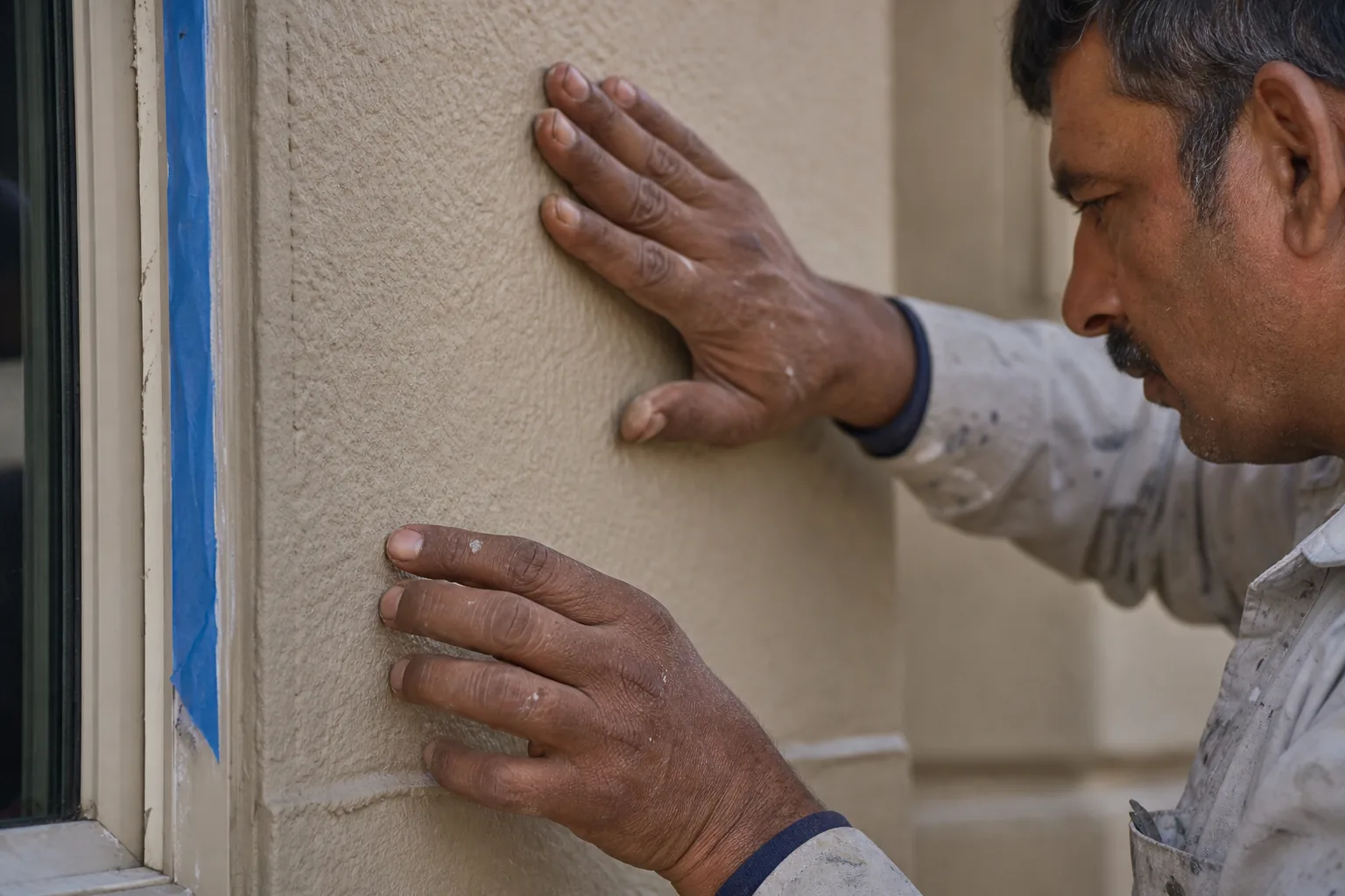 Indian mason inspecting and dusting a prepared exterior facade wall carrying a sound old synthetic coating before repainting