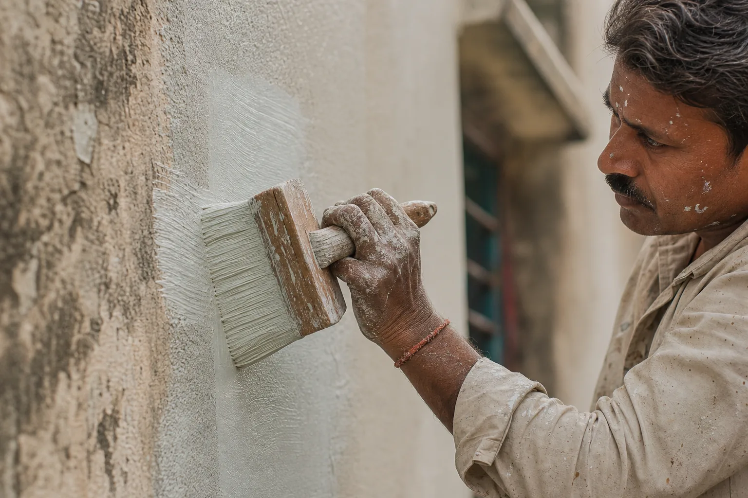 Indian craftsman brushing silicate facade paint onto an exterior facade in an even cross-pattern with a block brush, renovating an old coating