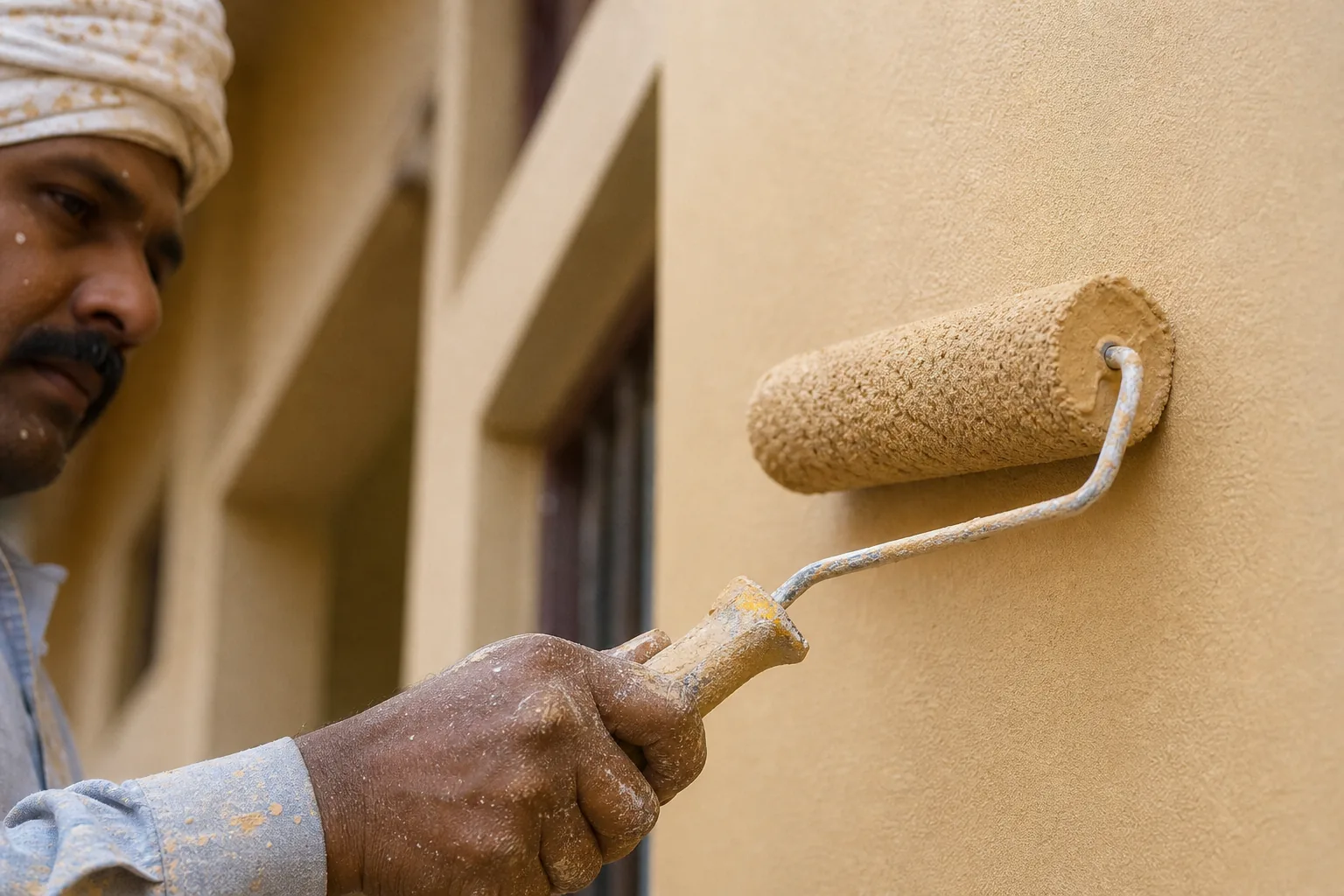 Indian painter rolling a smooth final matte facade coat over a warm sand-toned facade wall with a long-pile roller