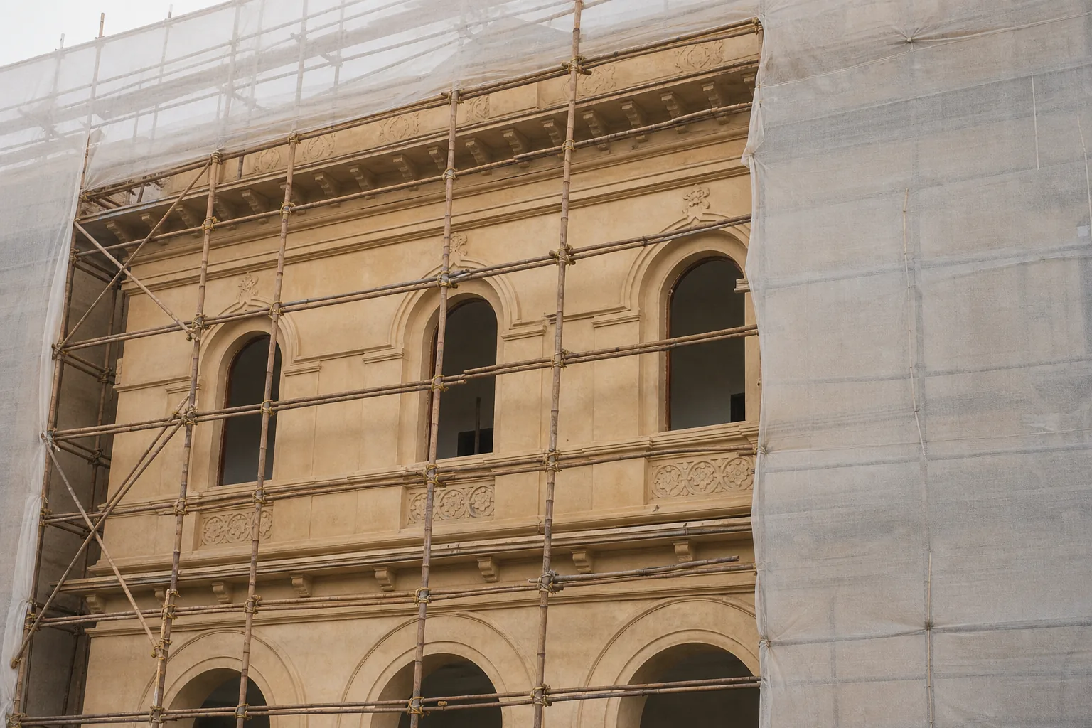A freshly renovated matte warm-sand mineral facade wall curing under scaffolding and protective sheeting, shielded from sun and rain