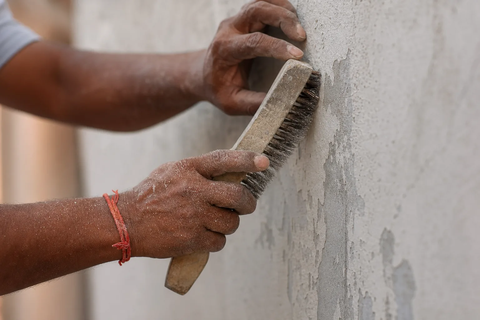 Indian mason inspecting and dusting a prepared exterior facade wall carrying a sound old synthetic coating before priming