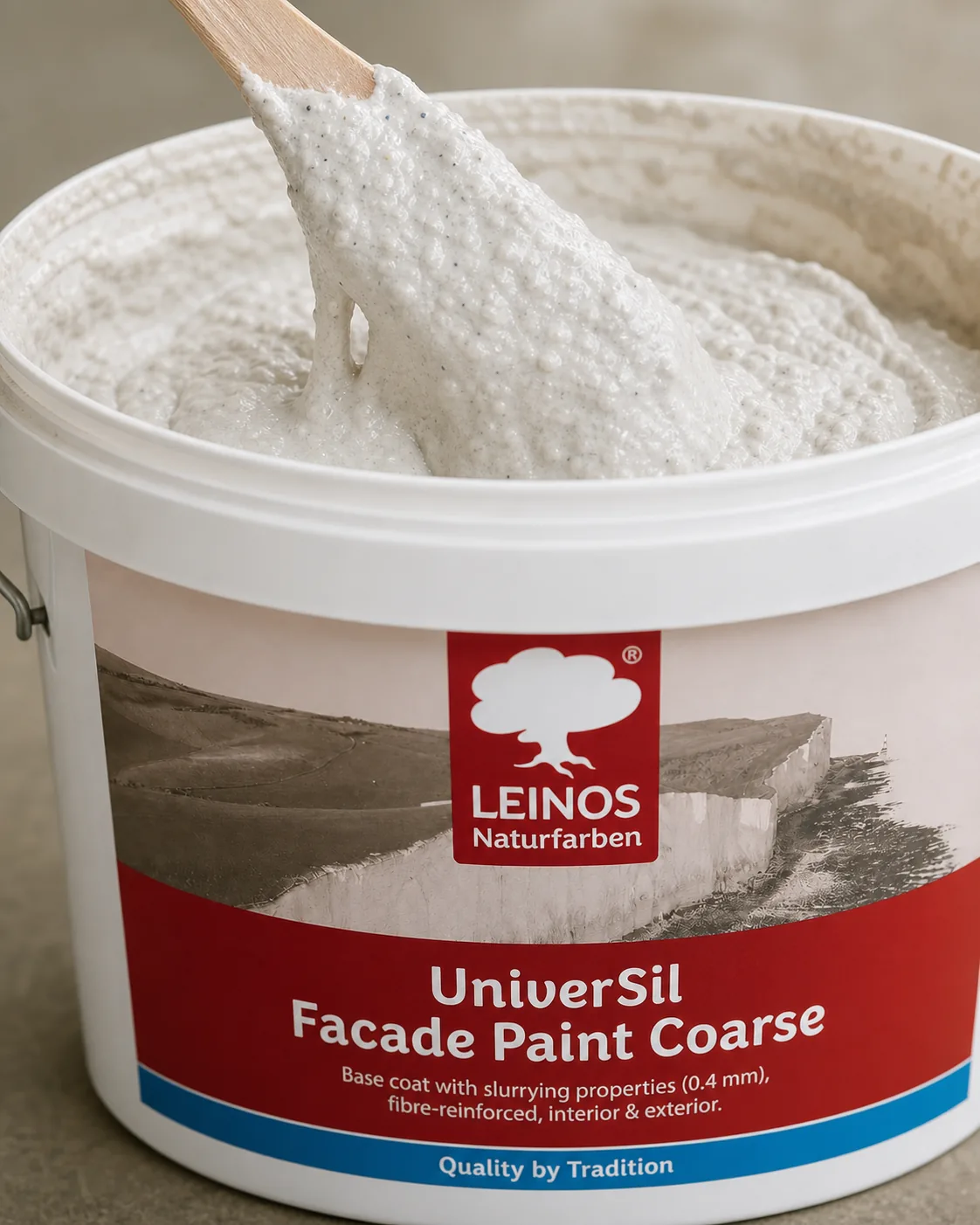 Open branded white LEINOS UniverSil Facade Paint Coarse bucket with a paddle lifting thick pale grainy mineral adhesion-base paste