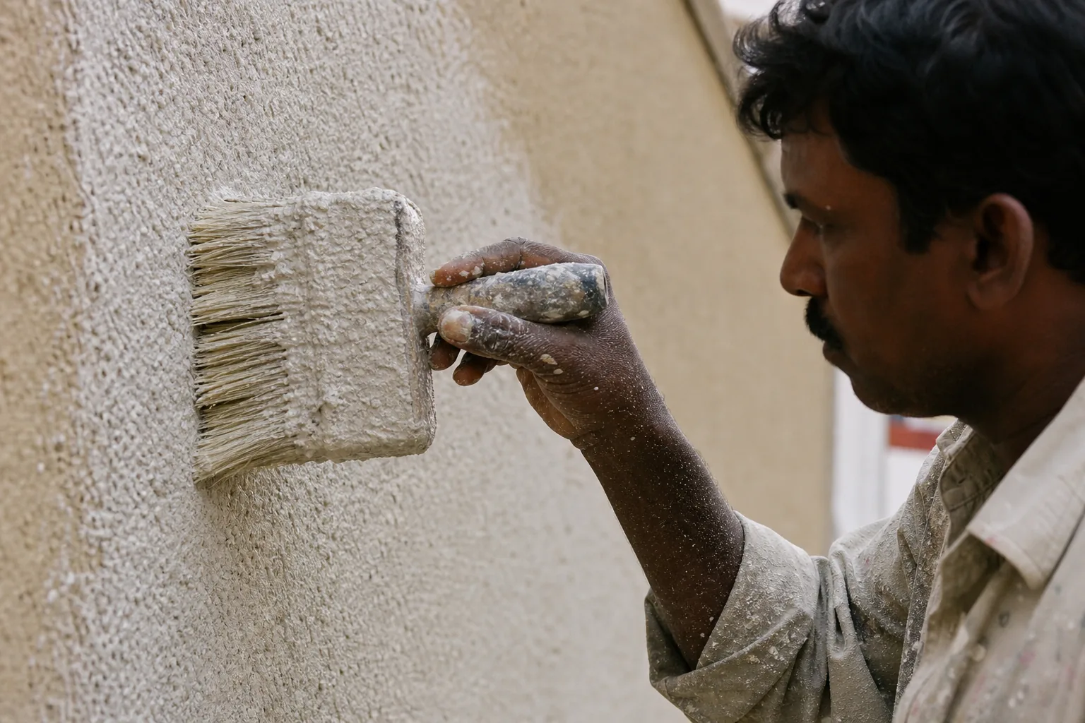 Indian craftsman brushing a thick coarse off-white mineral adhesion base full-surface onto an exterior facade with a wide block brush