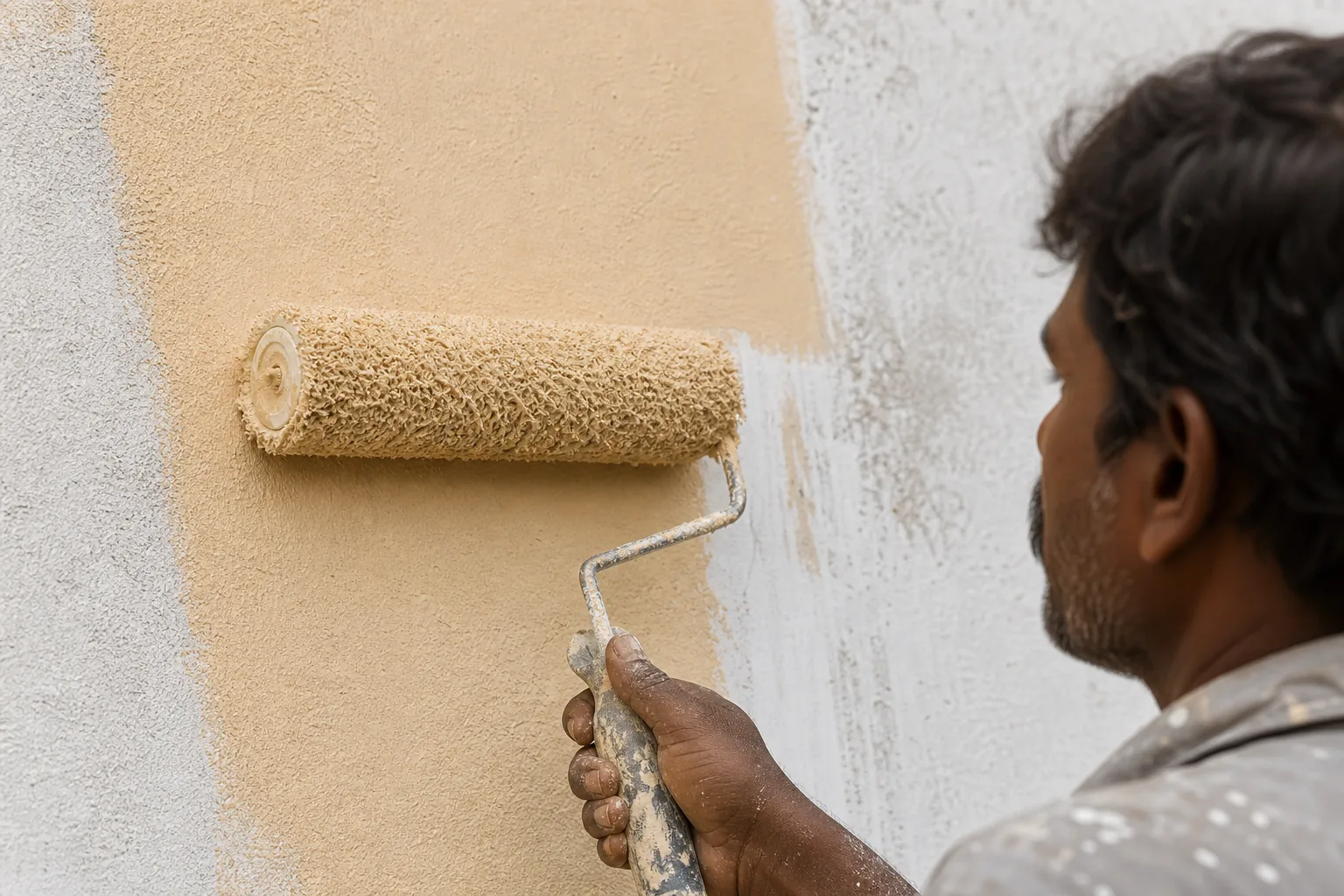 Indian painter rolling a smooth fine matte mineral facade finish over the coarse, primed off-white facade wall with a long-pile roller