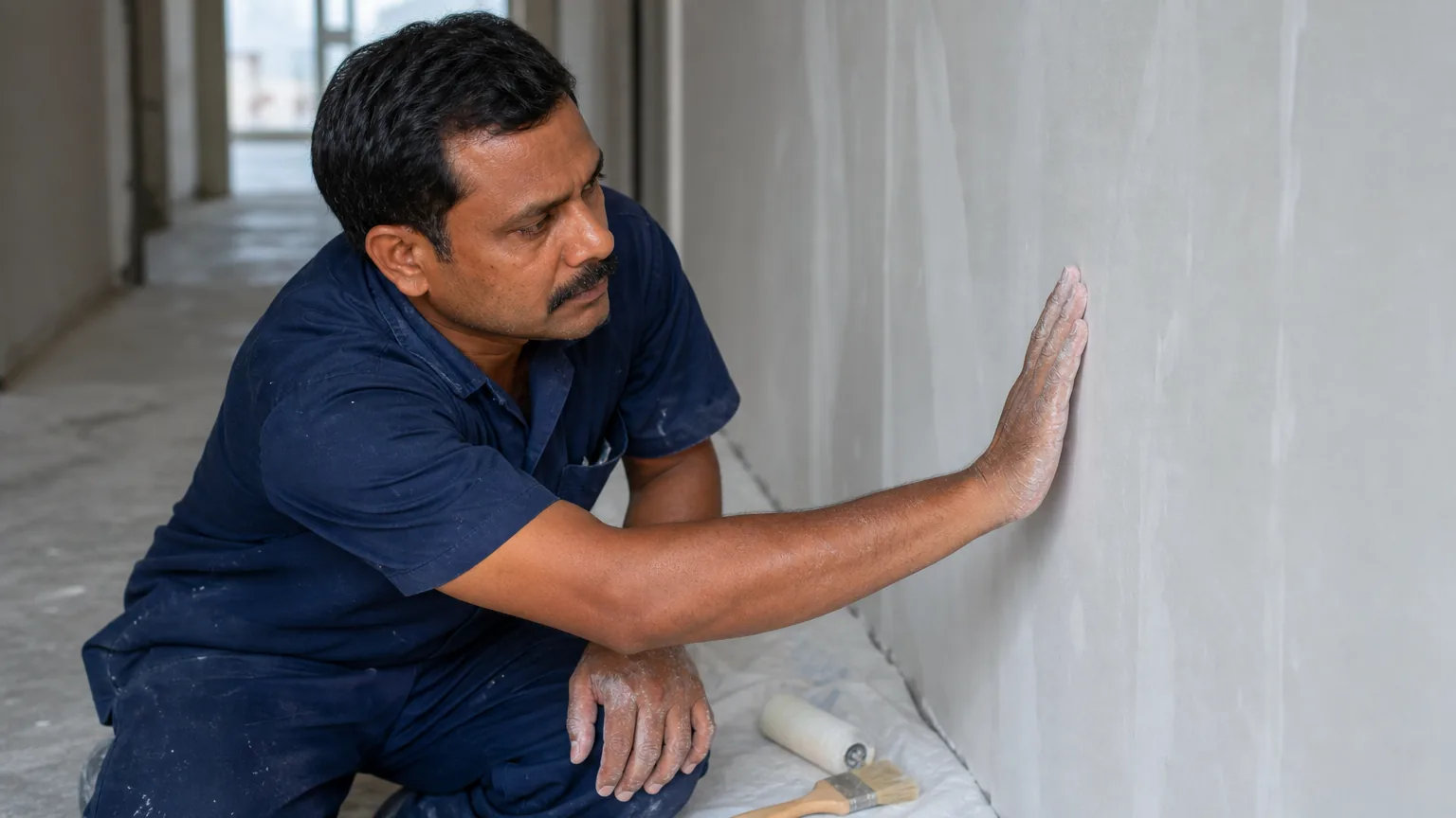 Indian painter in plain navy uniform inspecting a freshly skim-coated gypsum-board partition wall in a contemporary shell apartment, palm pressed flat to check for dust and absorbency