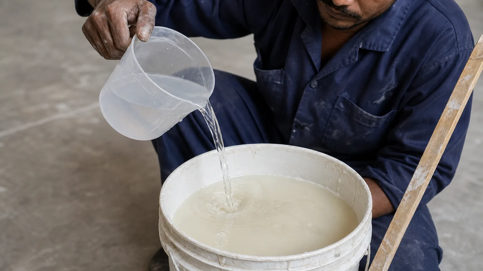 Indian painter pouring clean water into a 2.5L canister of LEINOS 620 inside an open painter’s bucket on polished concrete, mixing 1:1 dilution