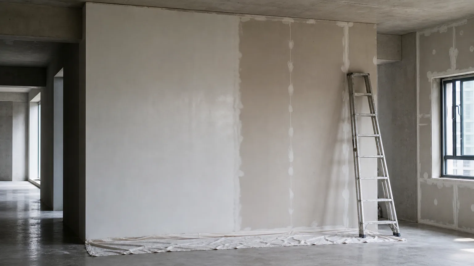 Wide-angle view of the freshly primed gypsum-board wall under cool mid-morning daylight, the primed left half subtly different in surface sheen from the bare gypsum right half, drying window visible