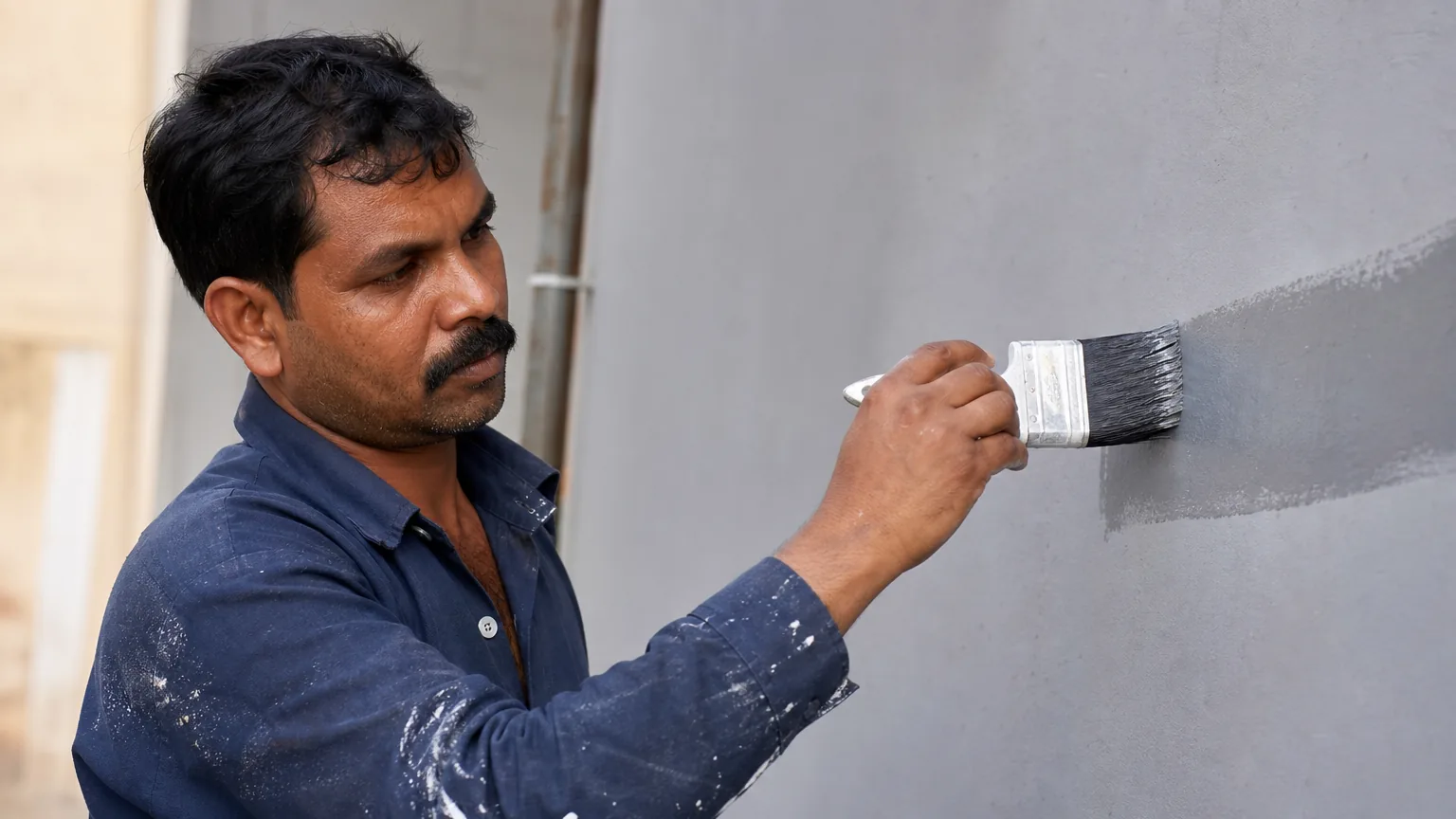 Indian painter pulling a damp painter brush across the cured primed wall as a quick uniform-absorbency test before applying the topcoat, water darkening the surface evenly across the brush stroke