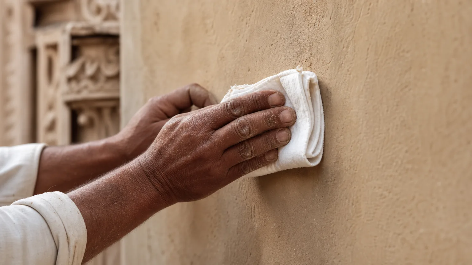 Indian craftsman damp-wiping a freshly plastered interior mineral wall with a clean folded white cotton cloth