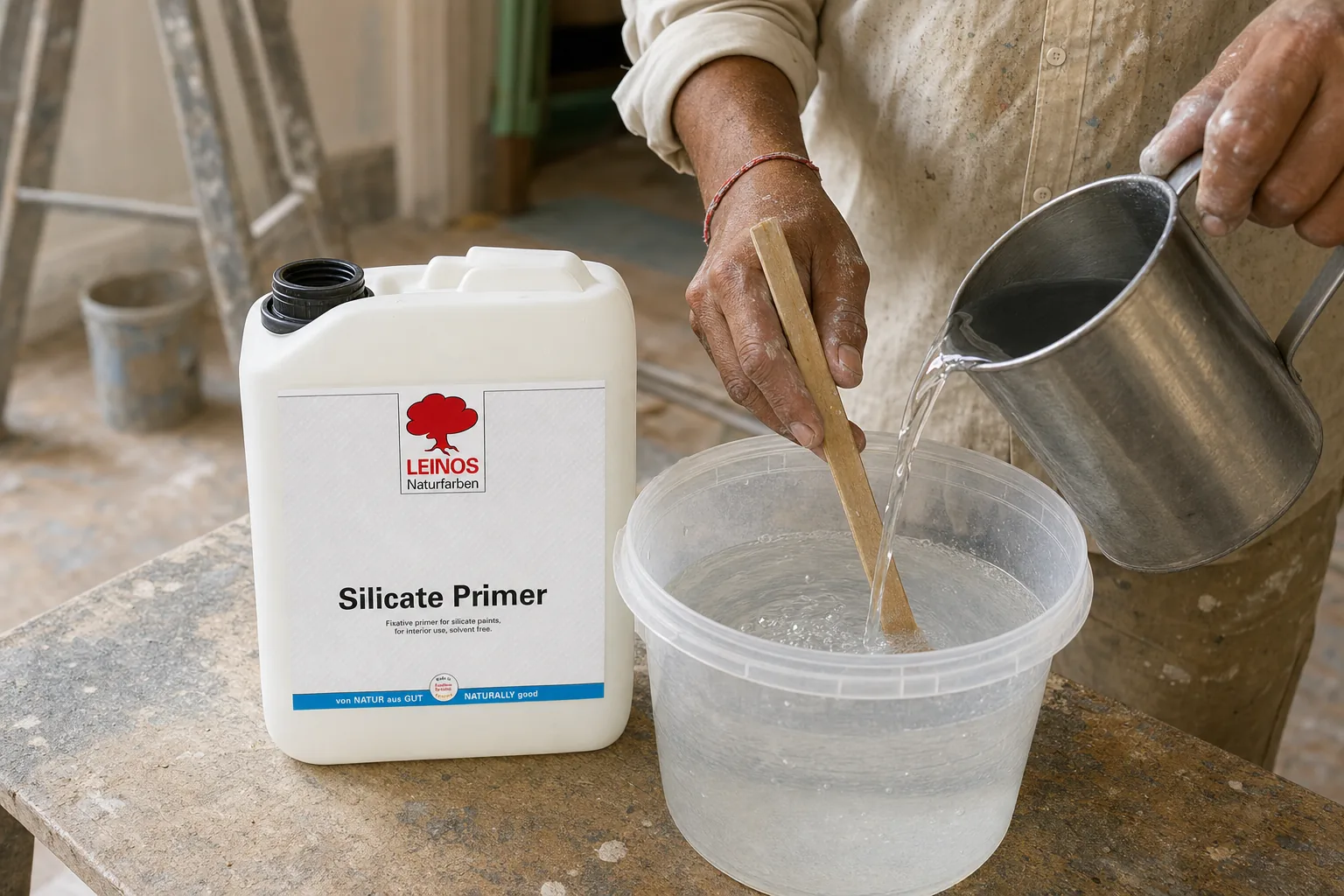 Indian painter diluting clear silicate primer with water and stirring it in an open bucket beside the branded LEINOS canister