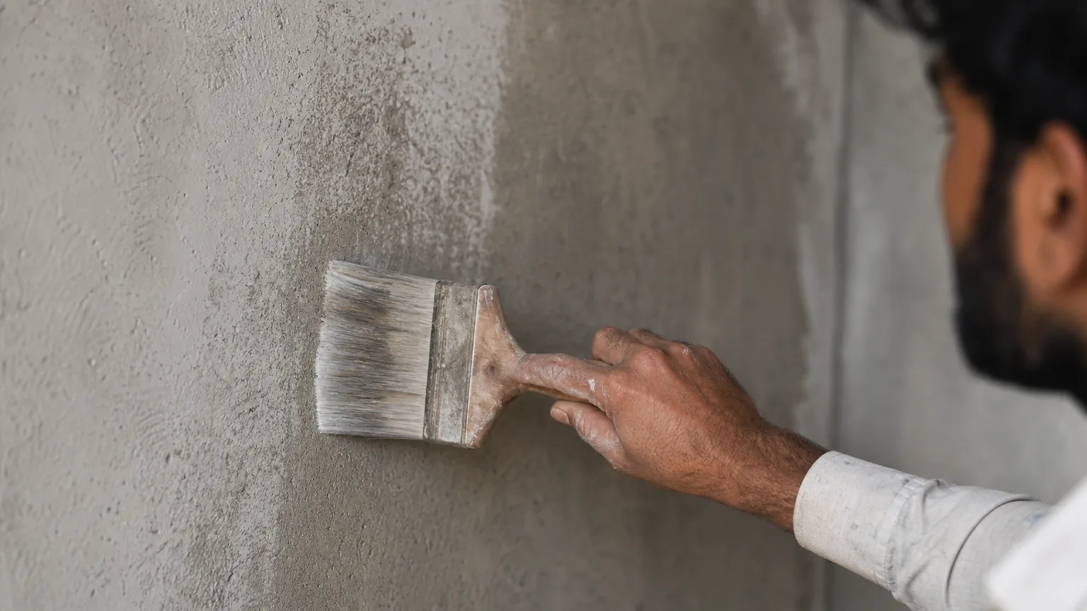 Indian craftsman brushing clear watery silicate primer onto a raw grey mineral plaster wall with a wide flat masonry brush