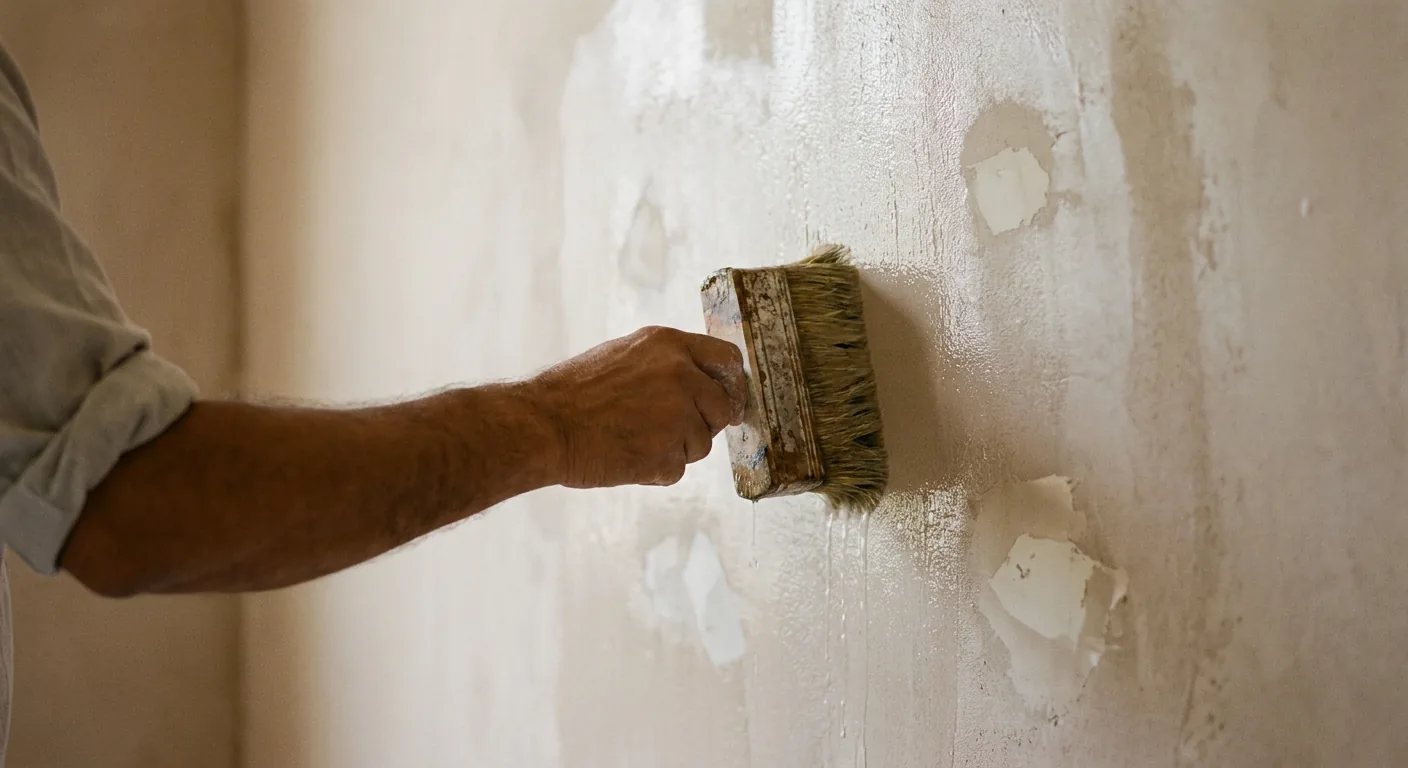 Wide brush working clear silicate primer across a plastered wall with pale filler-repair patches, evening the absorbency