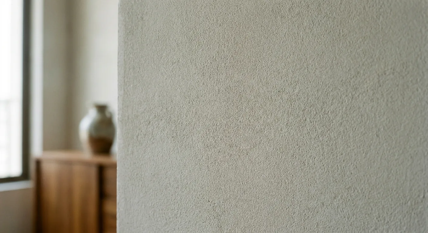 Freshly primed raw mineral plaster wall, evenly matt with no visible film or sheen, ready for the silicate topcoat