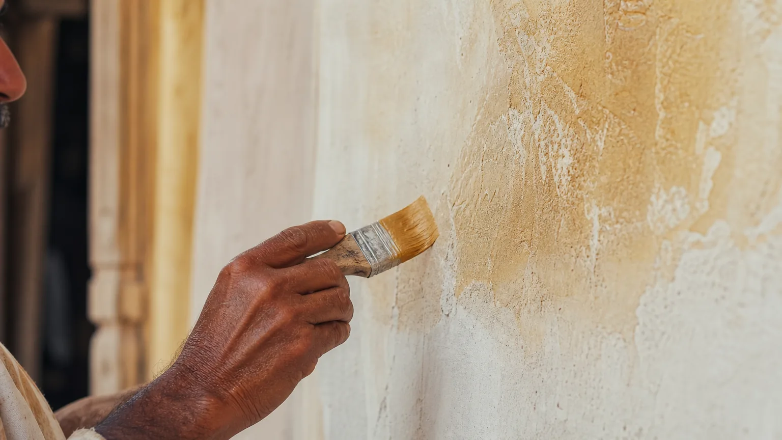 Indian craftsman brushing a soft ochre translucent silicate glaze over a cured natural-white silicate wall